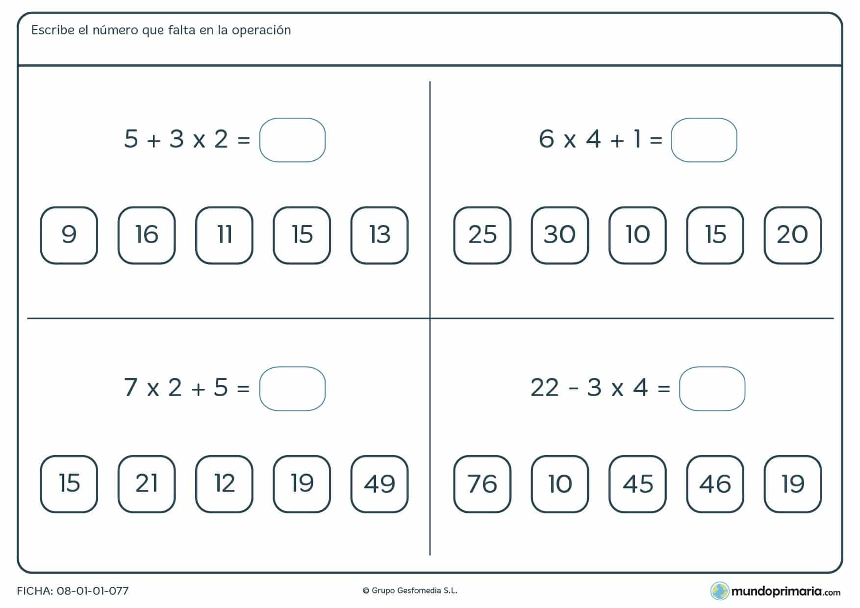 Ficha con operaciones con distintos signos para resolver para sexto