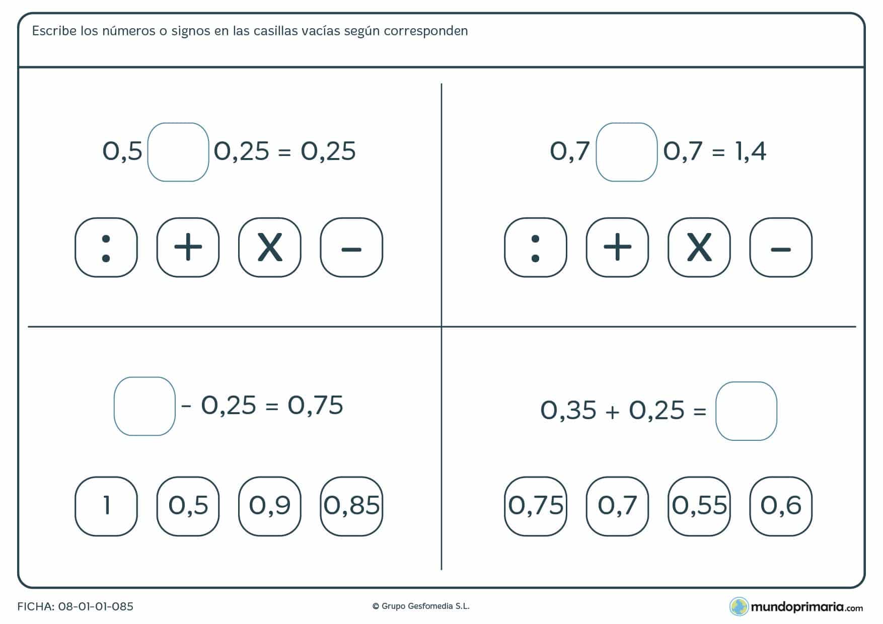 Ficha de operaciones simples con decimales para completar para 6º