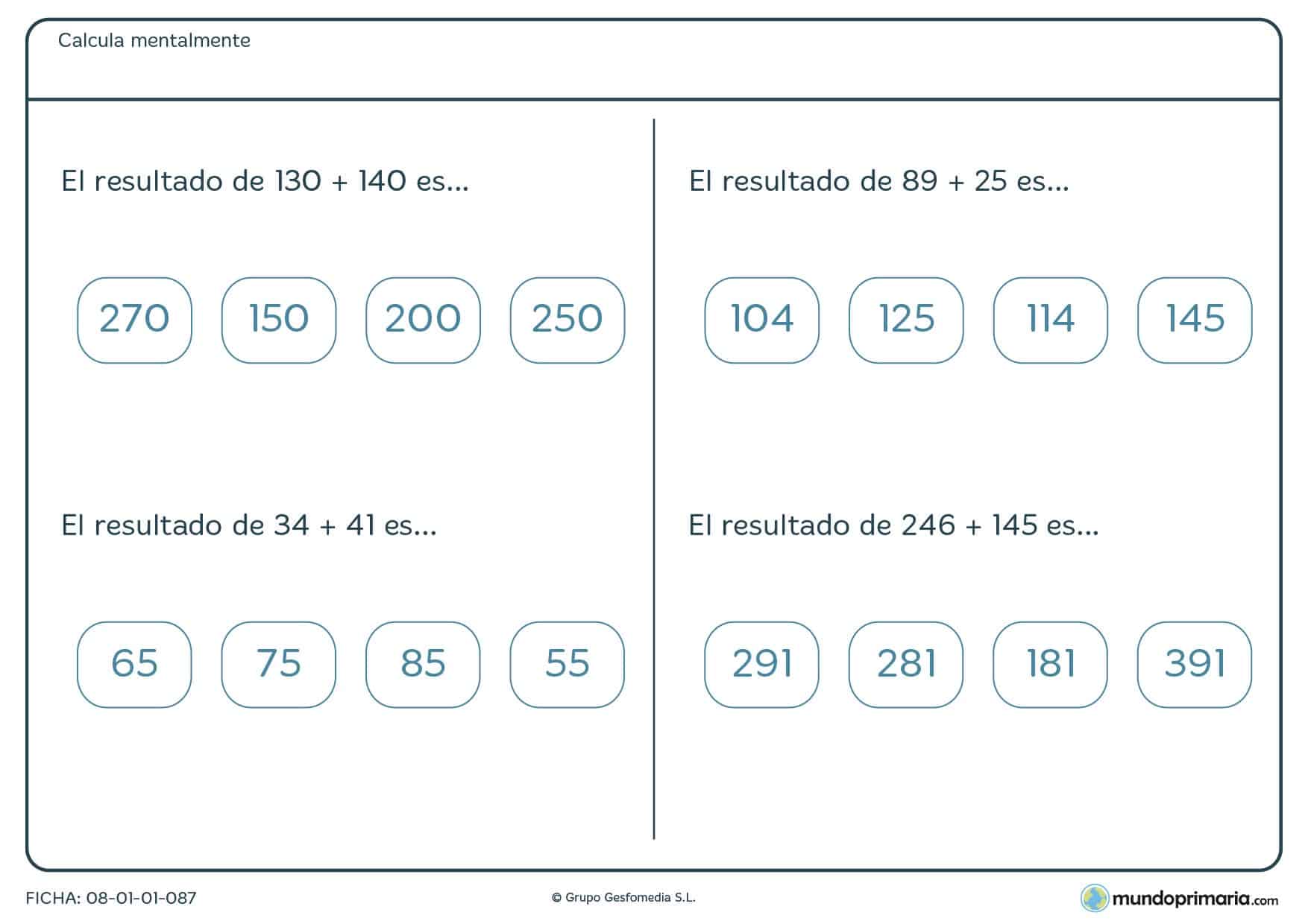 Ficha con sumas de dos números para calcular mentalmente para Primaria