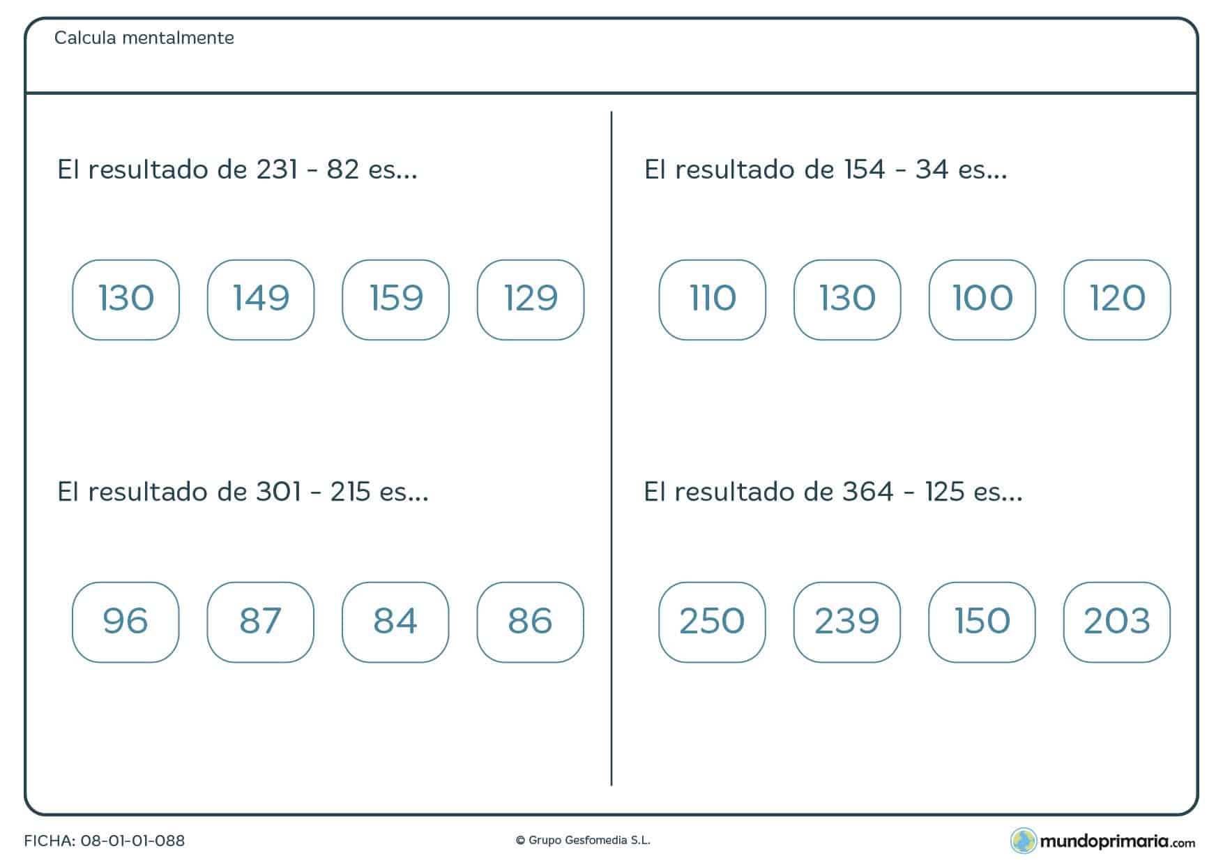 Ficha con restas de 2 cifras mendiante cálculo mental para Primaria
