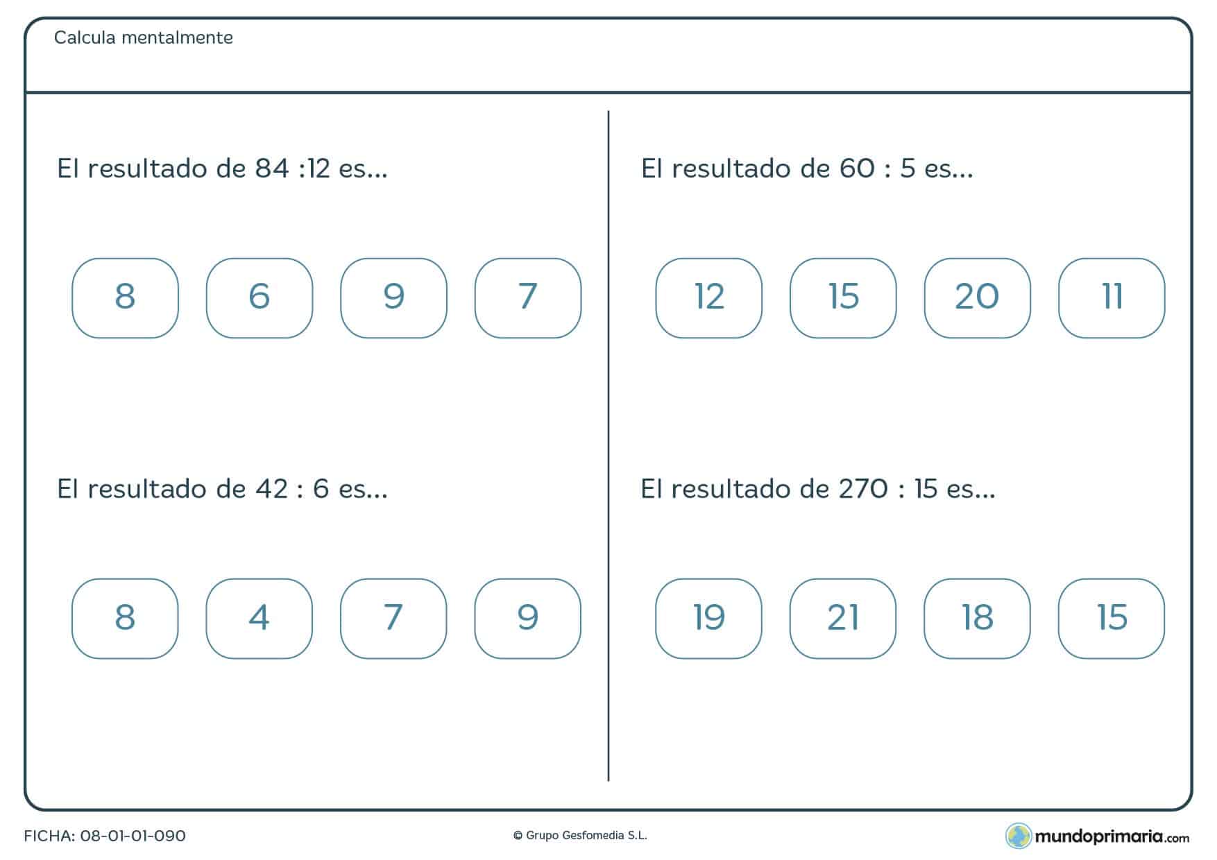 Ficha con 4 divisiones para hacer de cabeza por alumnos de 6º Primaria