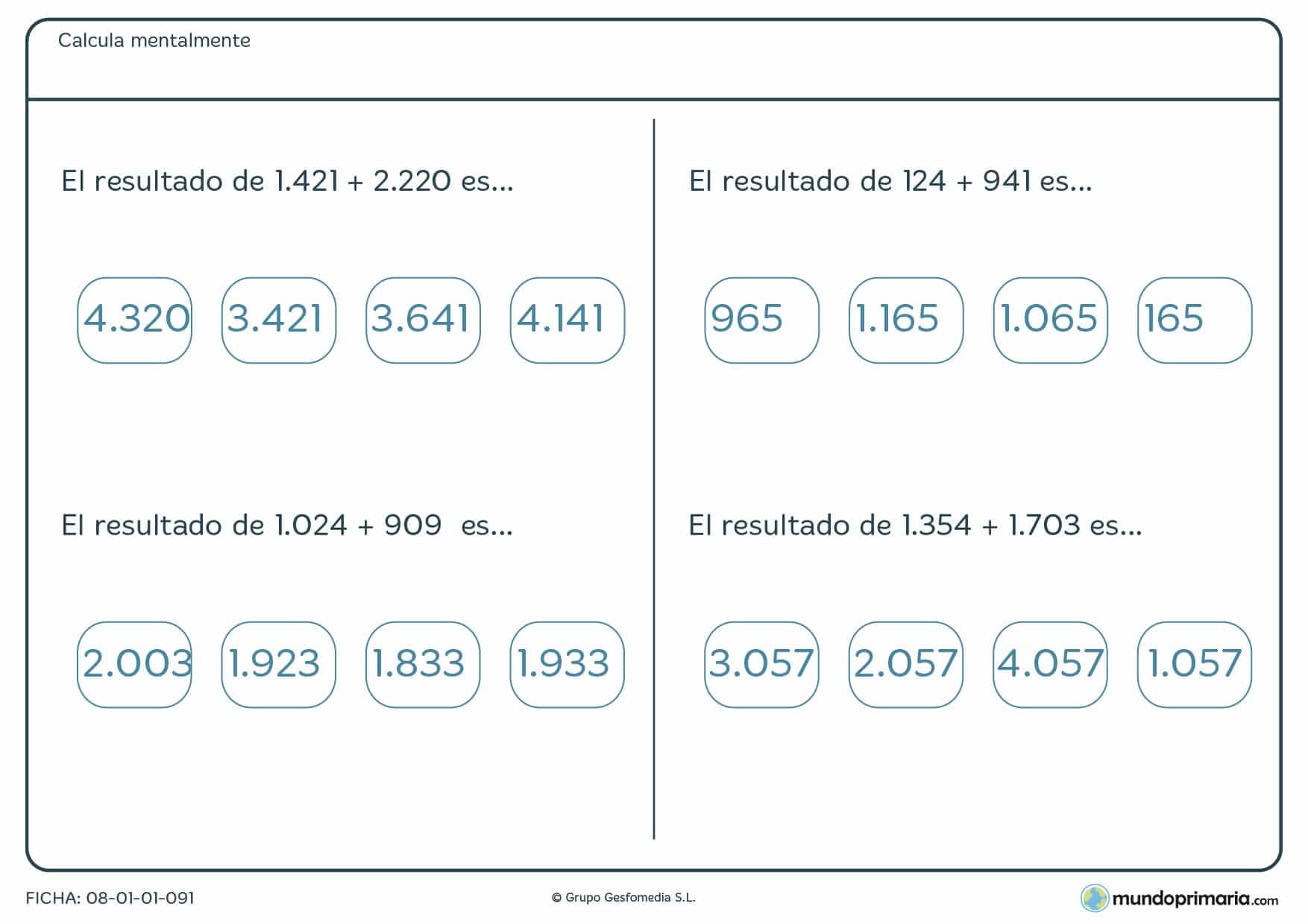 Ficha con sumas mentales cuyo resultado es de 4 cidras para 6º