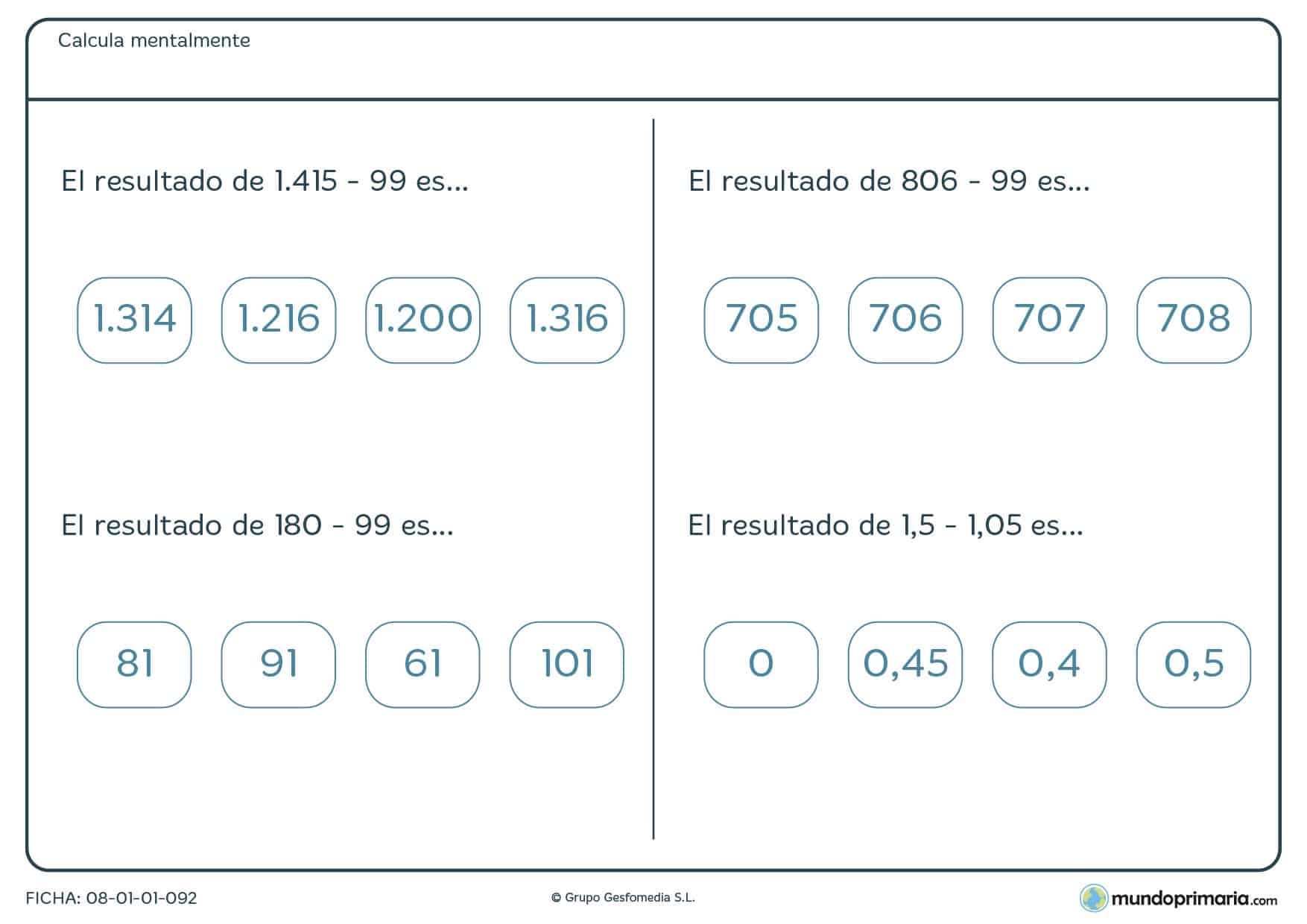 Ficha de restas por cálculo mental por alumnos de 6º de Primaria