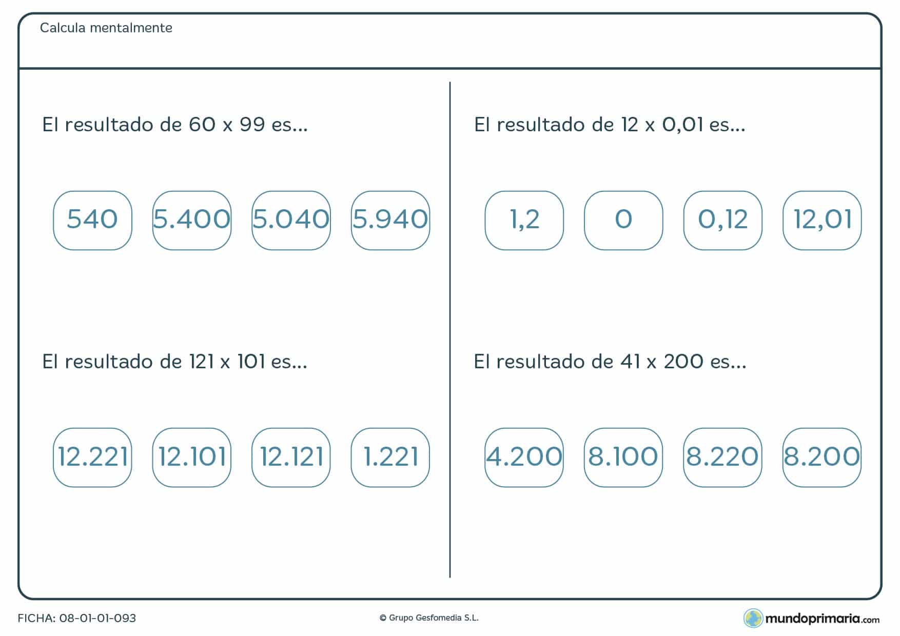 Ficha con multiplicaciones de cálculo mental de nivel medio para 6º