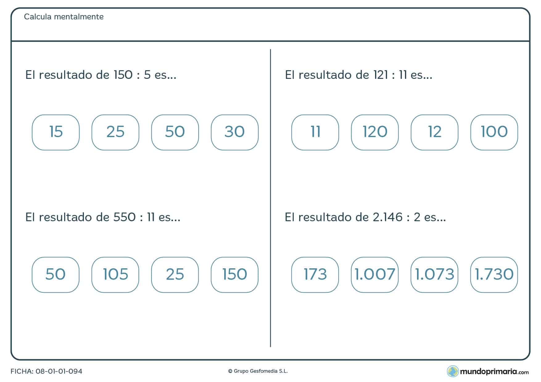 Ficha con divisiones para calcular mentalmente con resultados para 6º