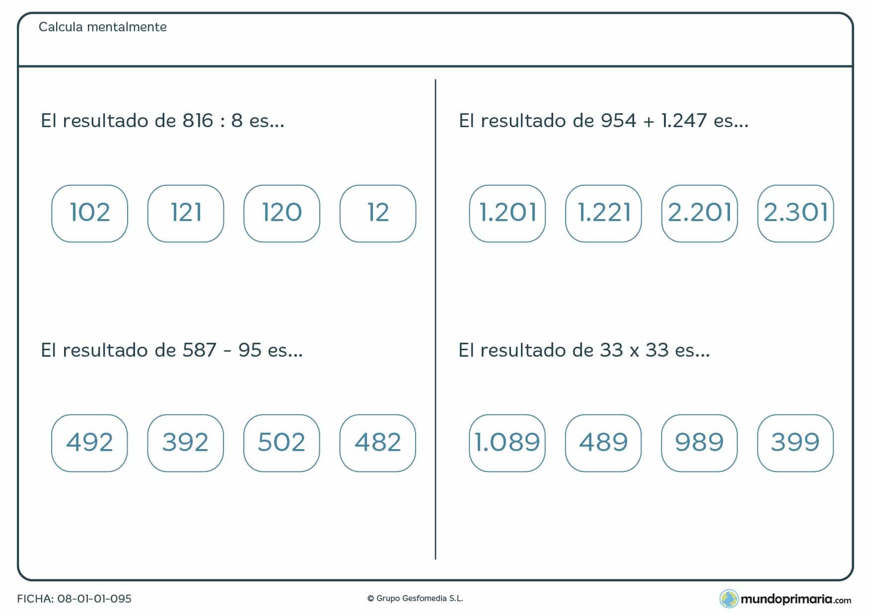 Ficha de varias operaciones de cálculo mentar para alumnos de 6º
