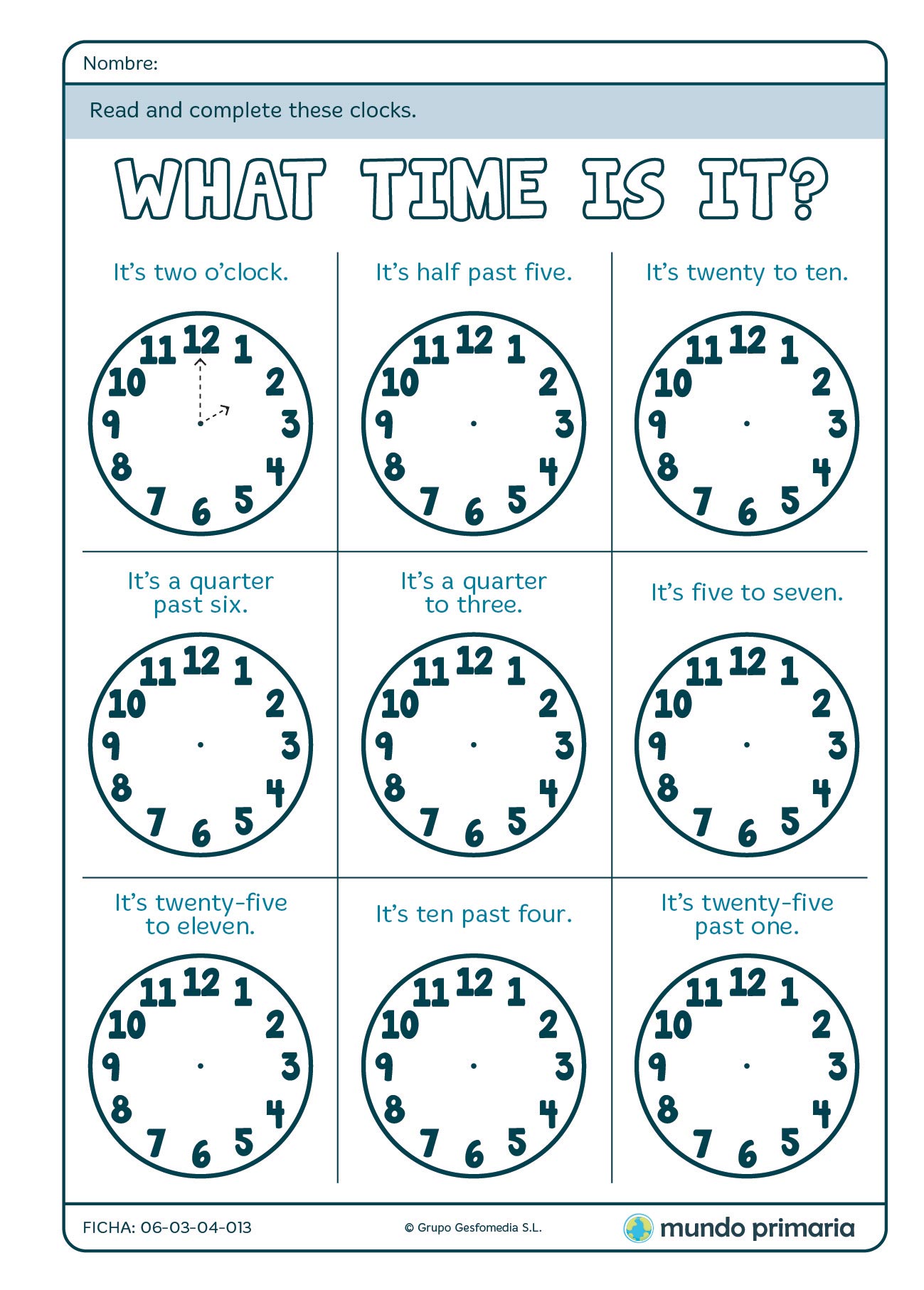 Ficha de dibujar los relojes en inglés para 4º de Primaria