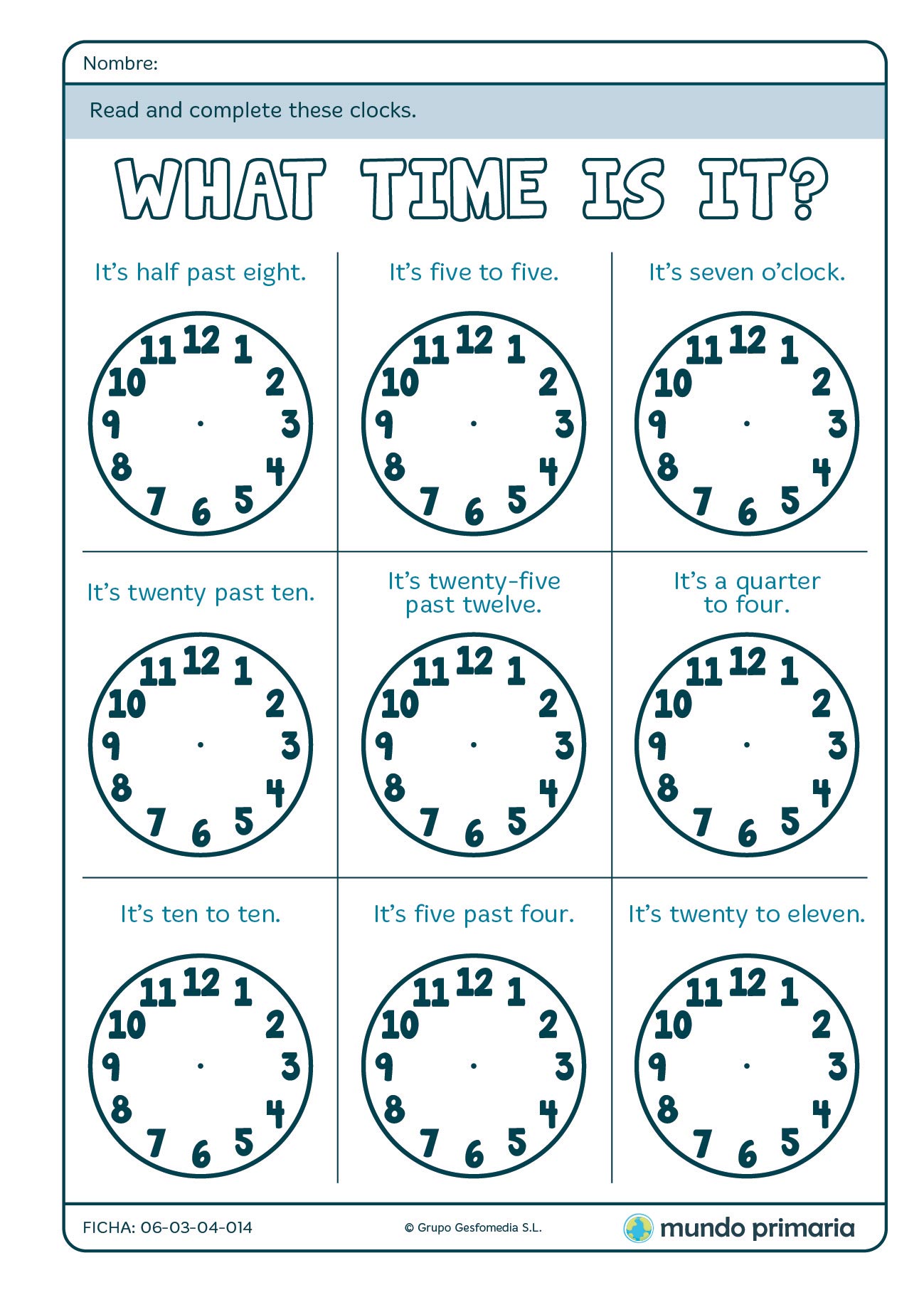 Ficha para completar los relojes de la hora en inglés para Primaria
