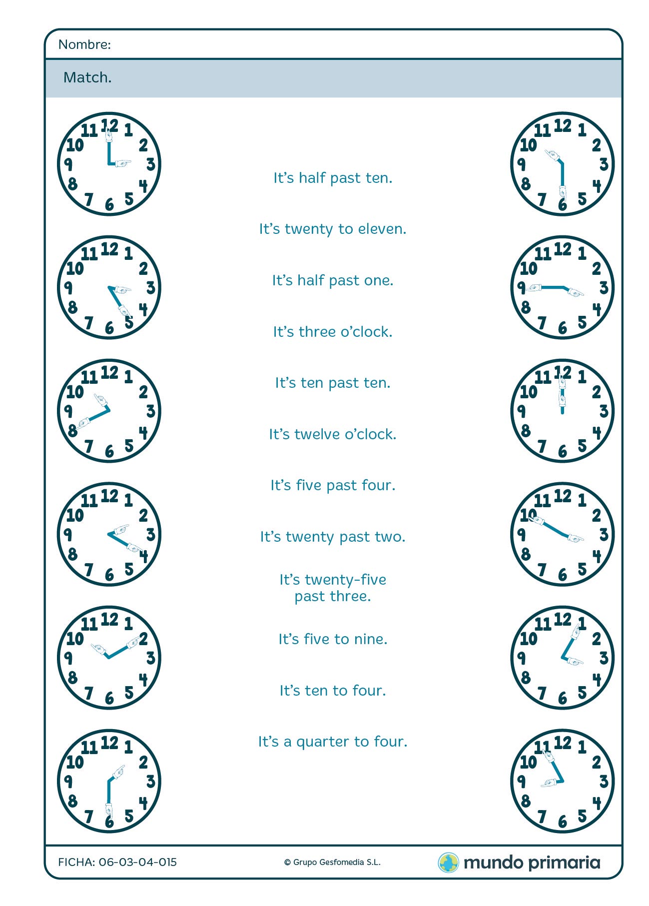 Ficha de unir el reloj con la hora en inglés para Primaria