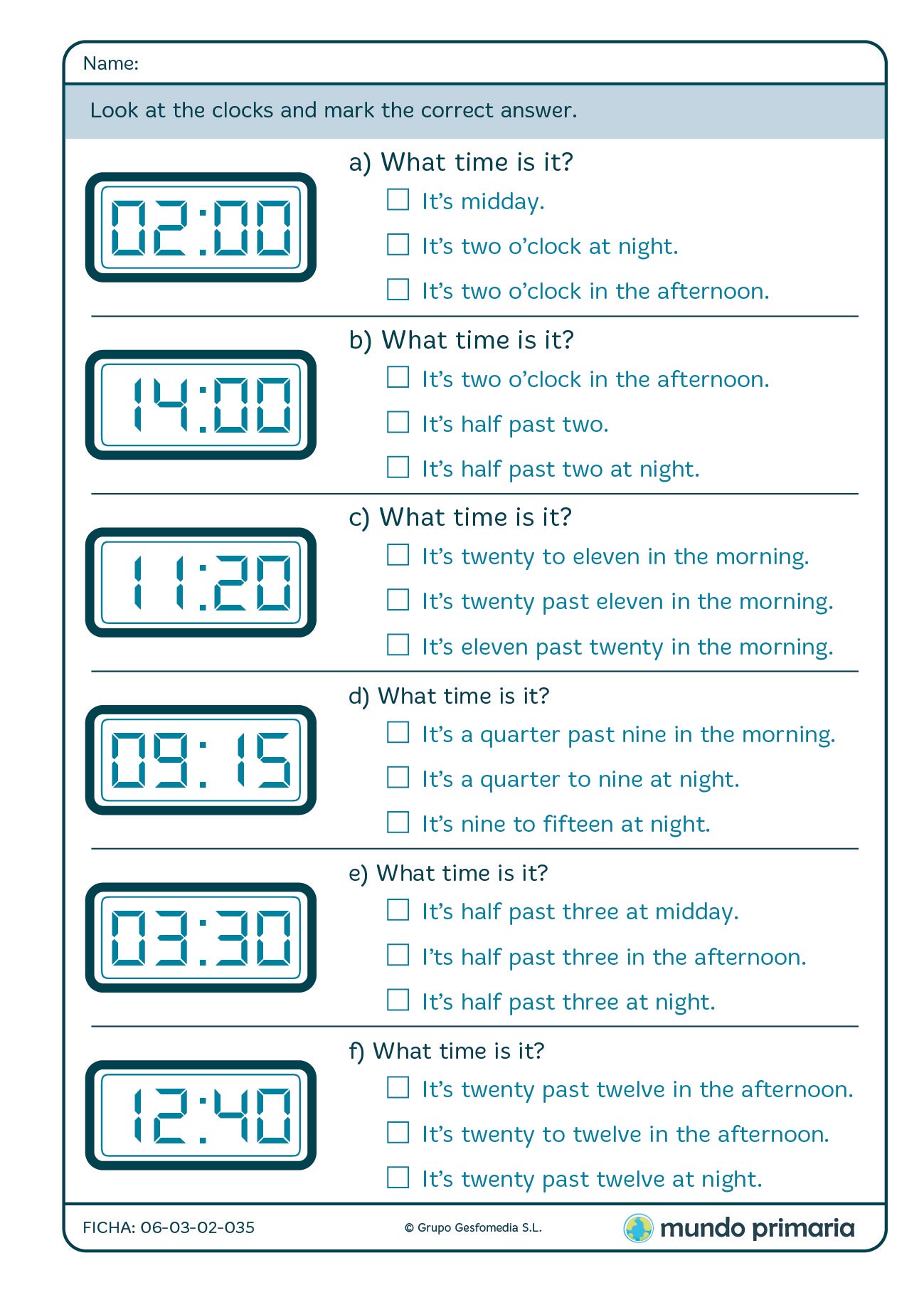 Ficha de relojes digitales en inglés para 4º de Primaria