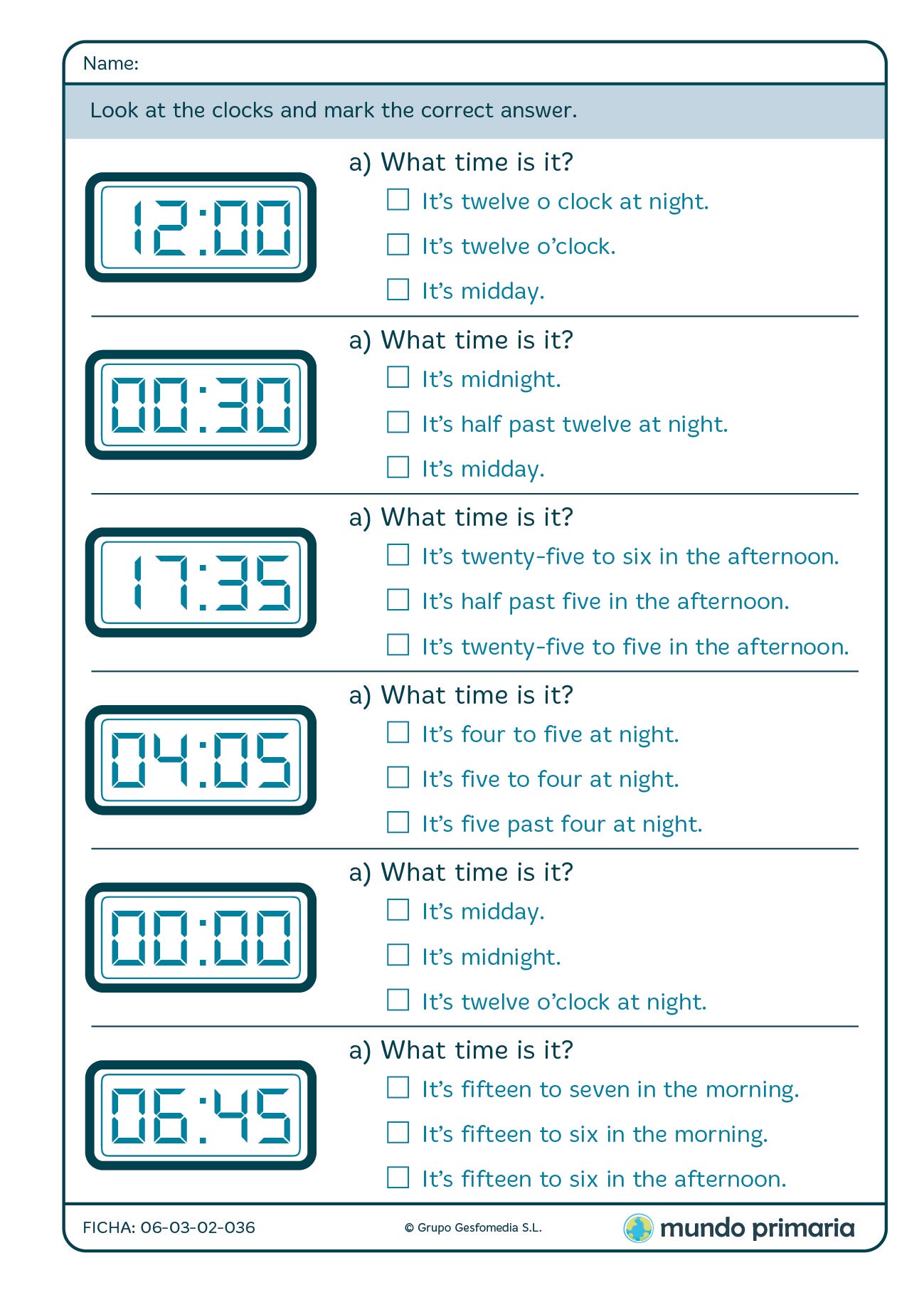 Ficha de leer el reloj digital para 4º de Primaria