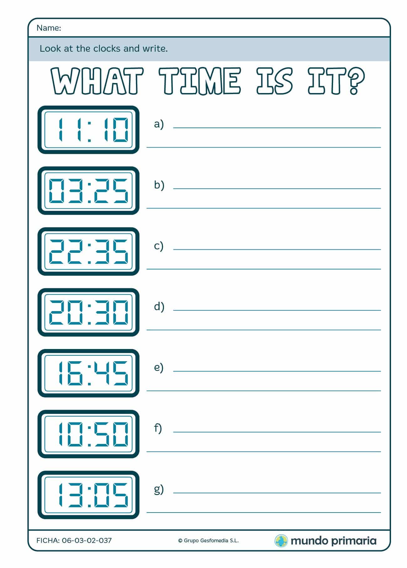 Ficha de escribir en inglés la hora digital en 4º de Primaria
