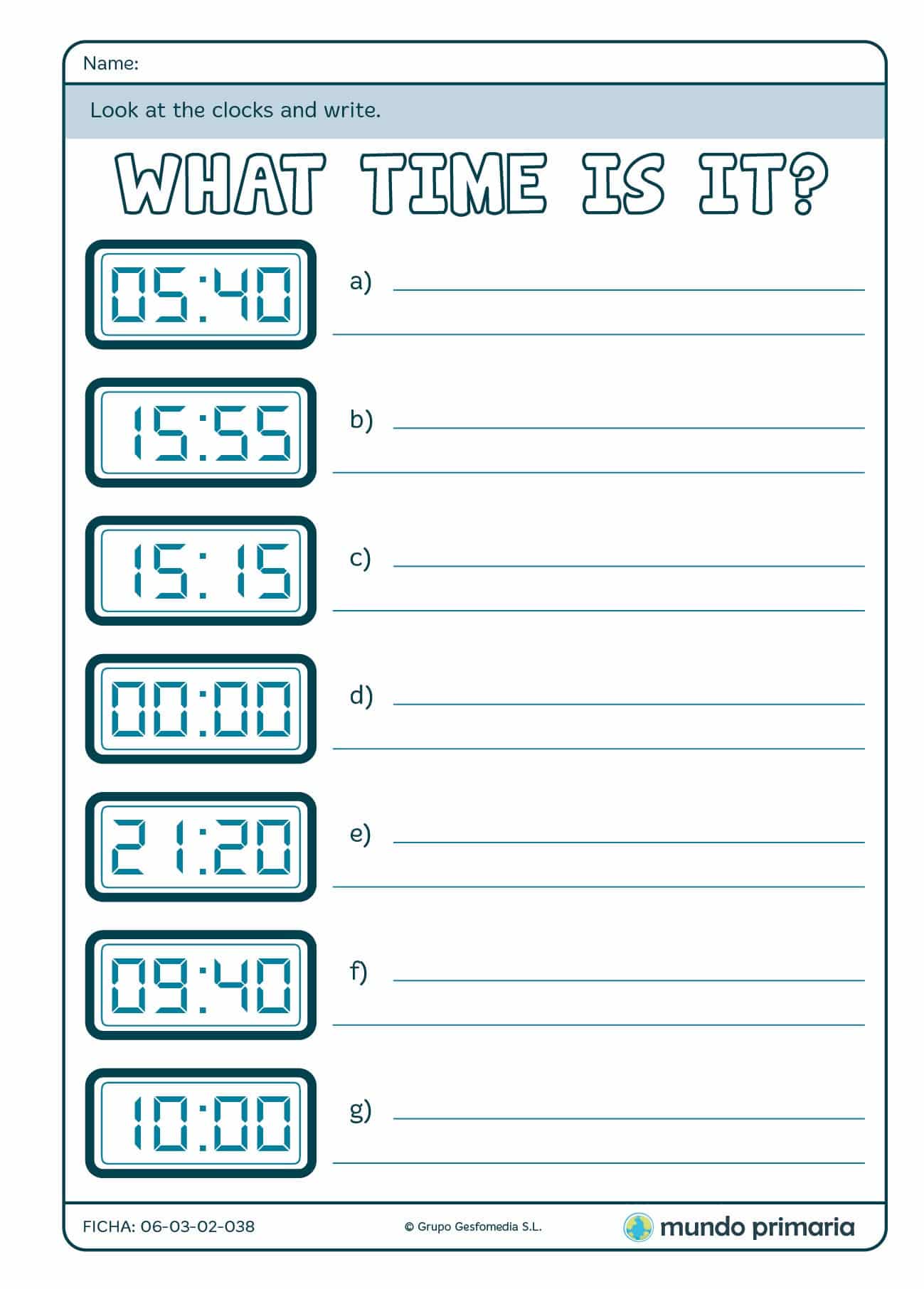 Ficha para aprender horas en inglés con un reloj digital en 4º de P.
