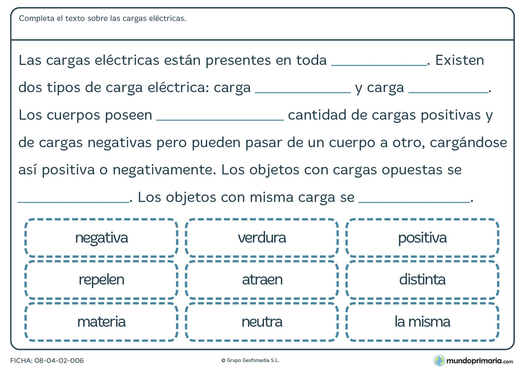 Ficha sobre las cargas eléctricas para primaria