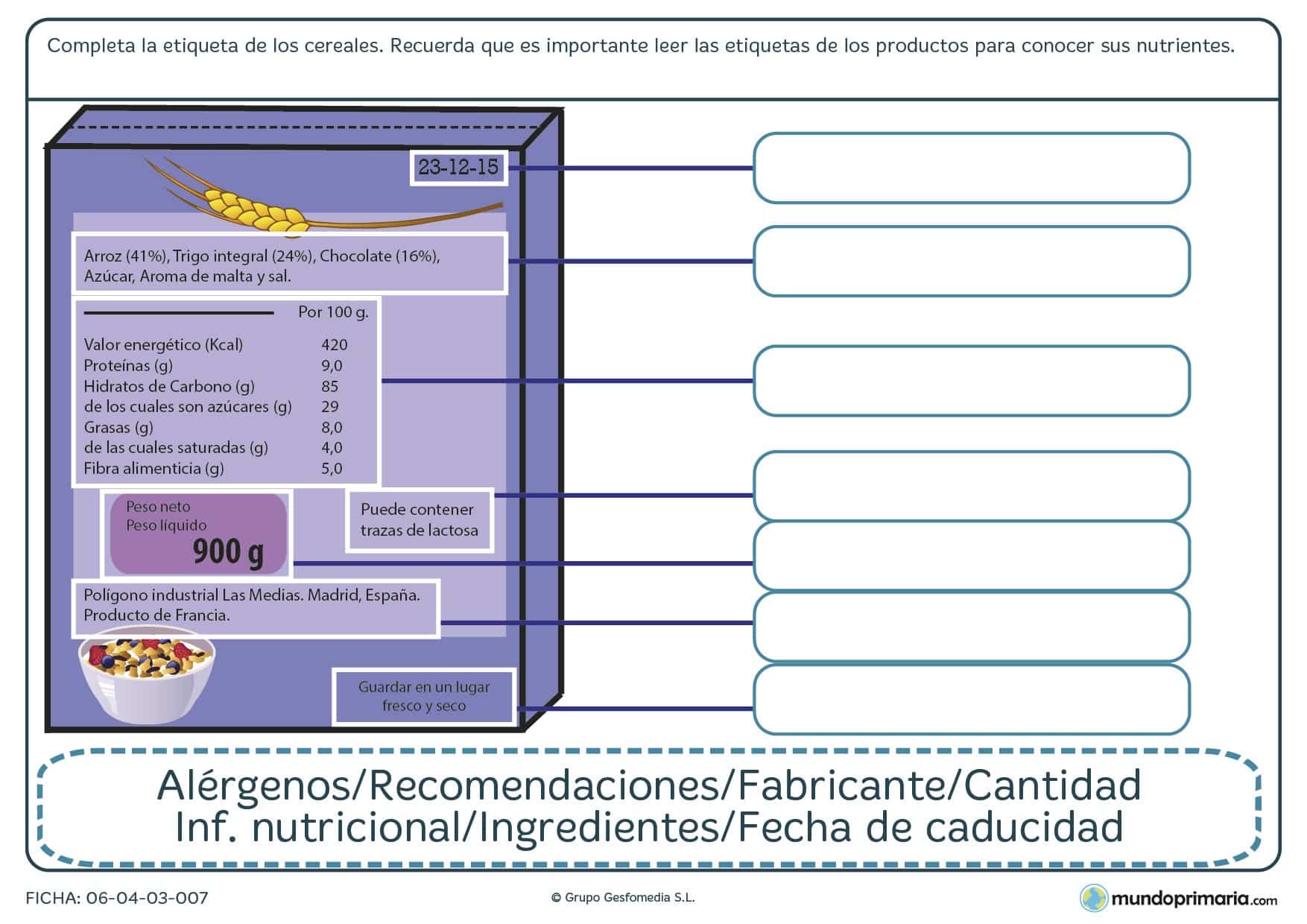 Ficha de completar la caja de cereales para primaria