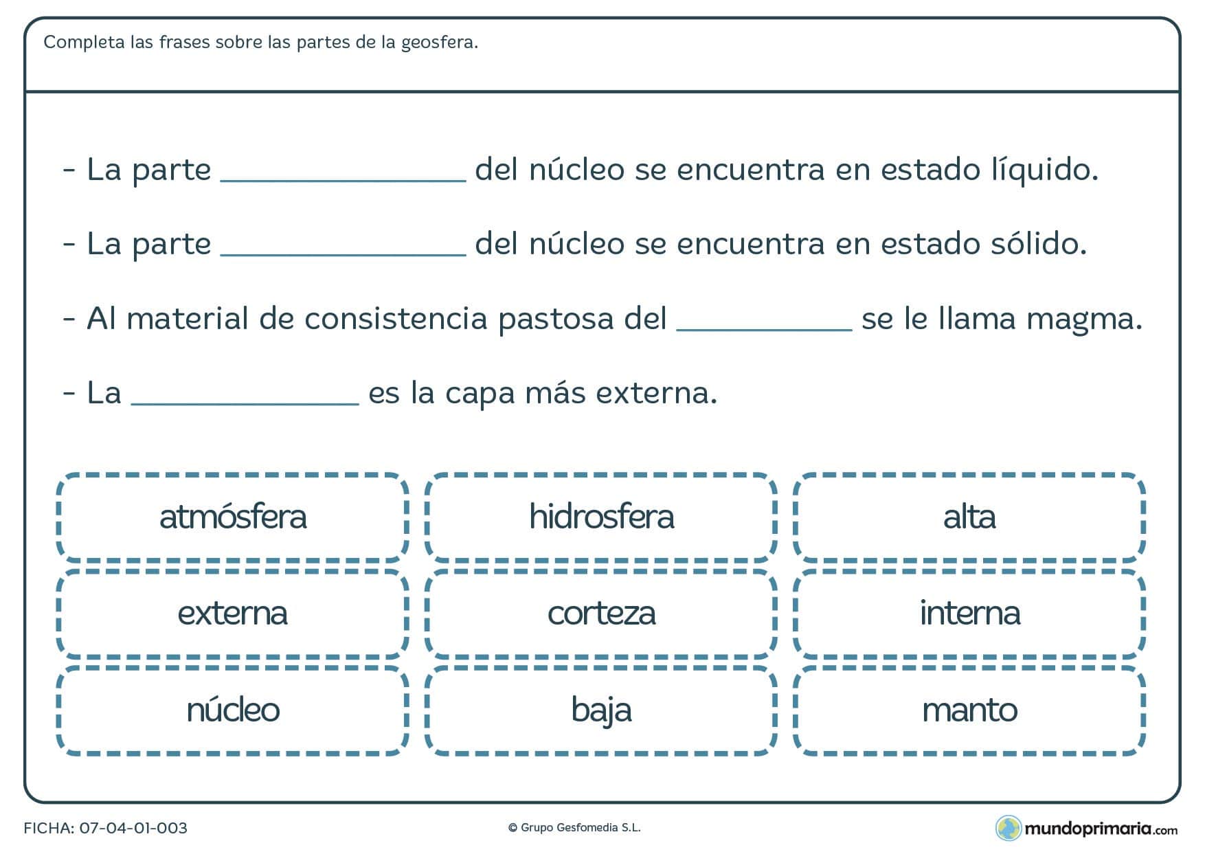 Ficha de completar el texto sobre la geosfera