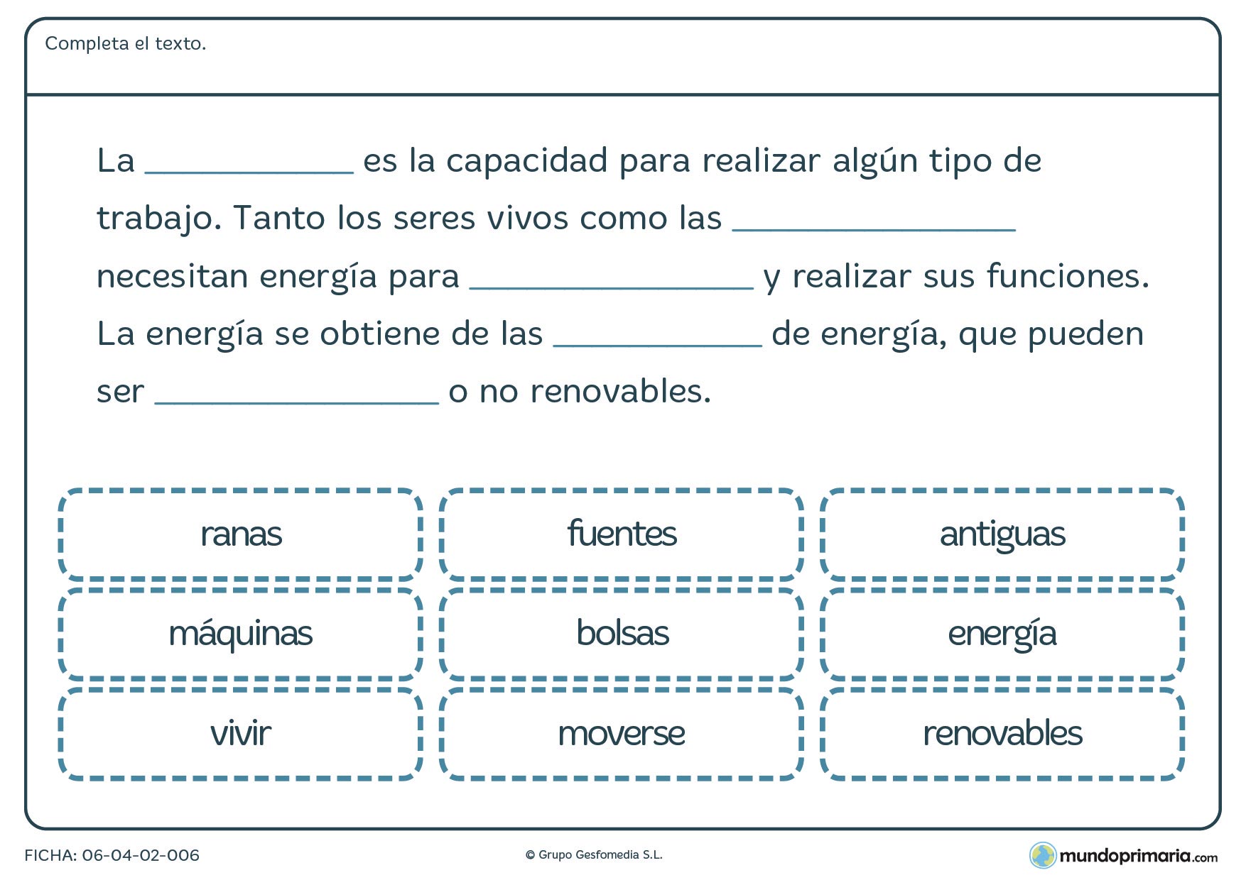Ficha de completar el texto sobre materia y energía