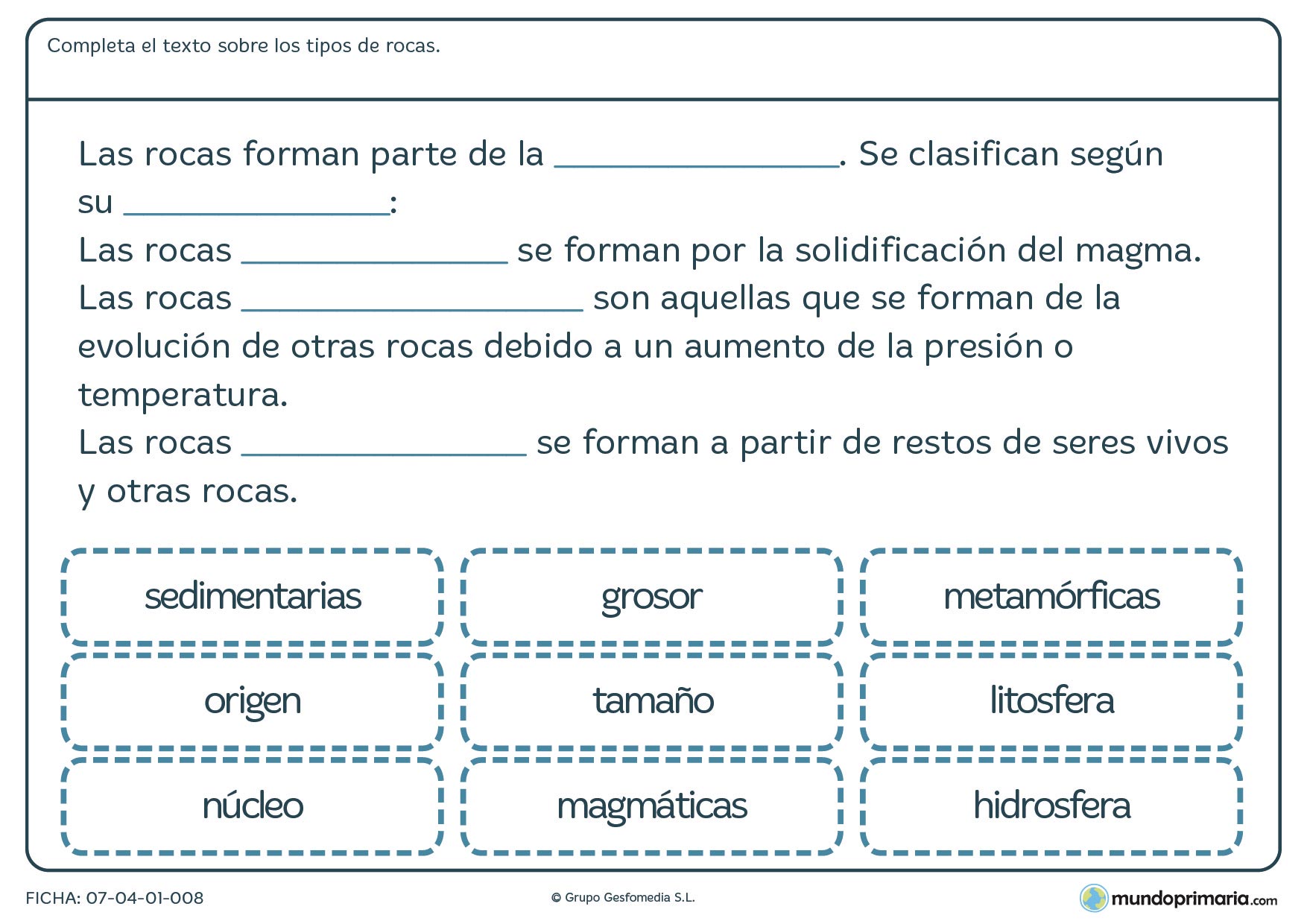 Ficha tipos de rocas para primaria