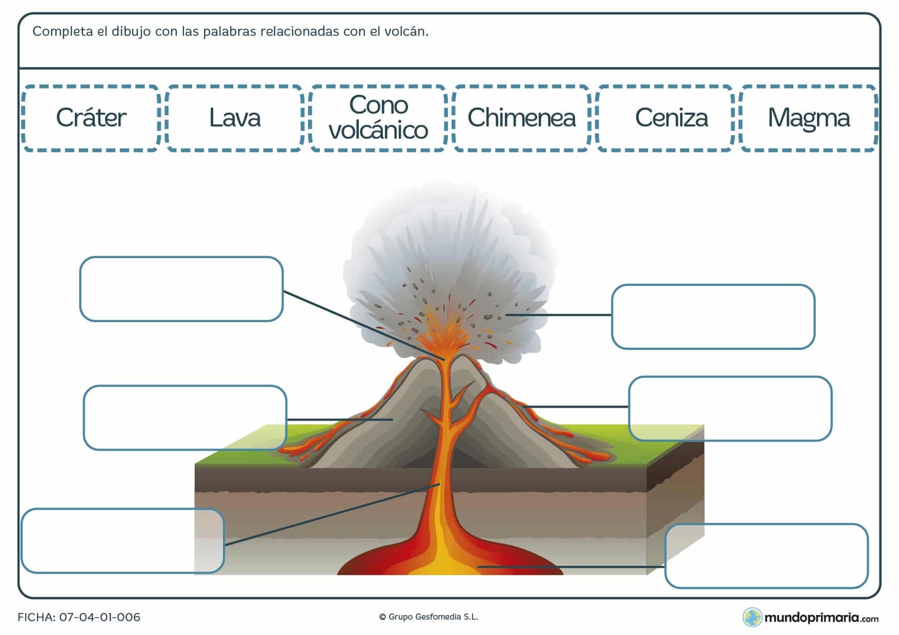 Ficha de un dibujo de un volcán para completar