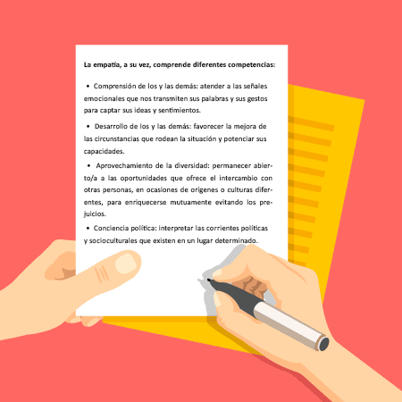 Mano escribiendo en un papel las diferentes competencias de la empatía