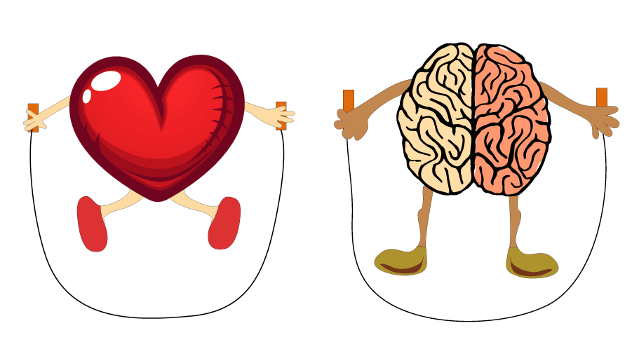 Un corazón y un cerebro entrenandose con una cuerda saltando a la comba