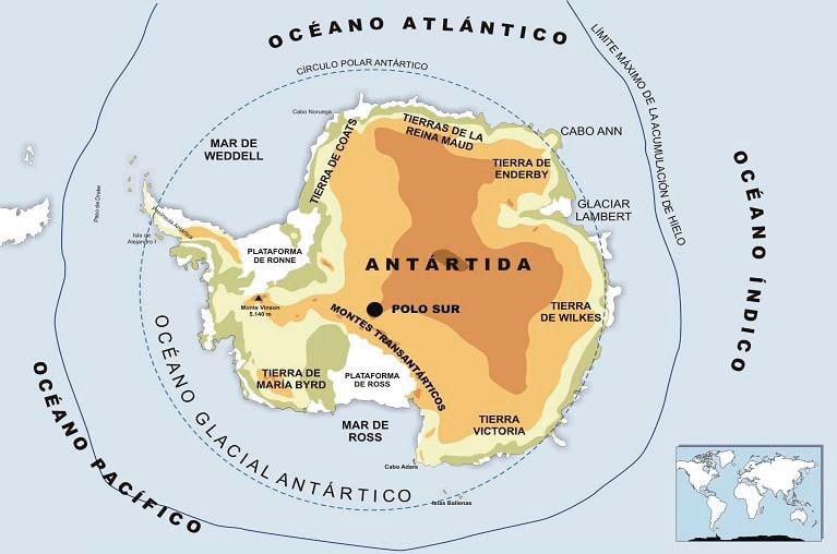 Mapa físico Antártica
