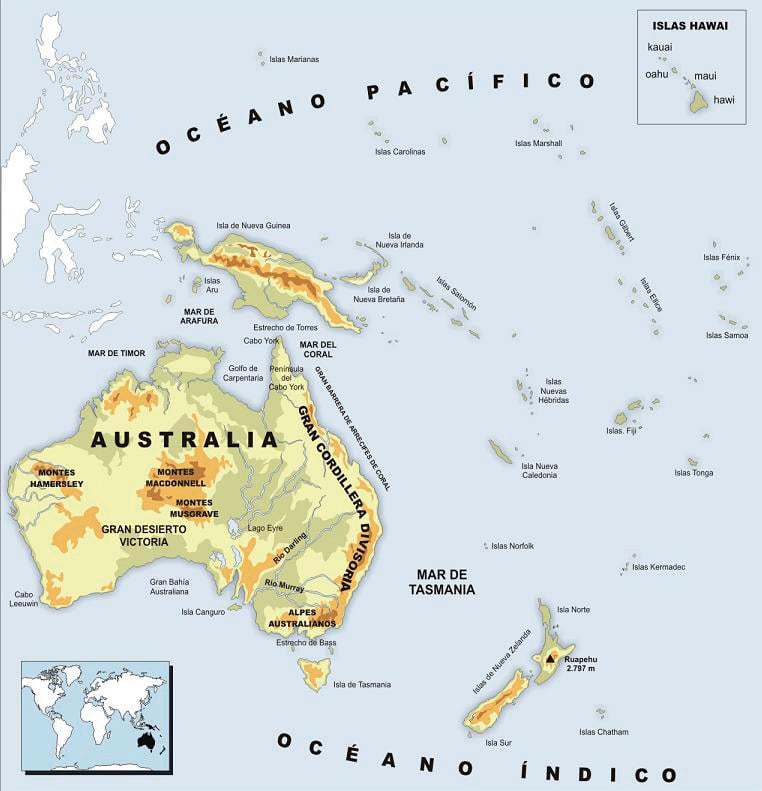 Mapa físico Oceanía