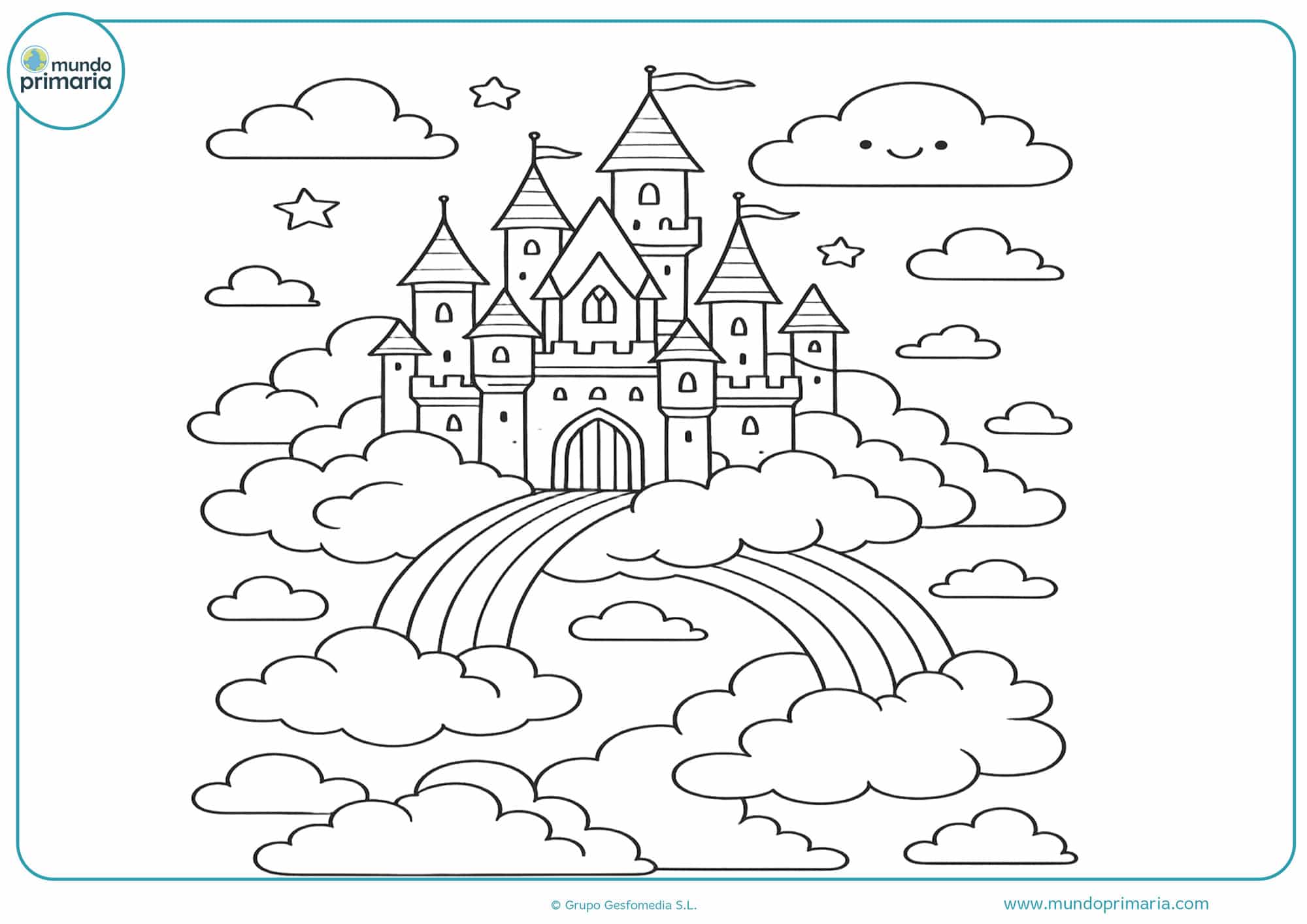 Dibujo aesthetic para colorear de un castillo flotando entre nubes y puentes de arcoíris