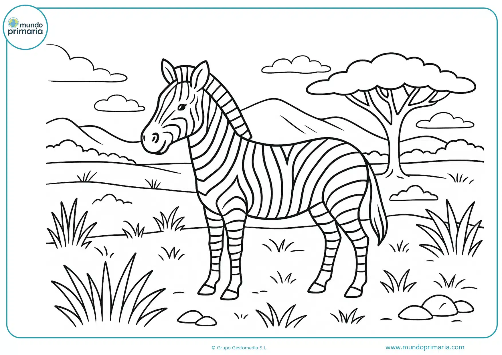 Cebra en la sabana africana para colorear, con árboles y nubes