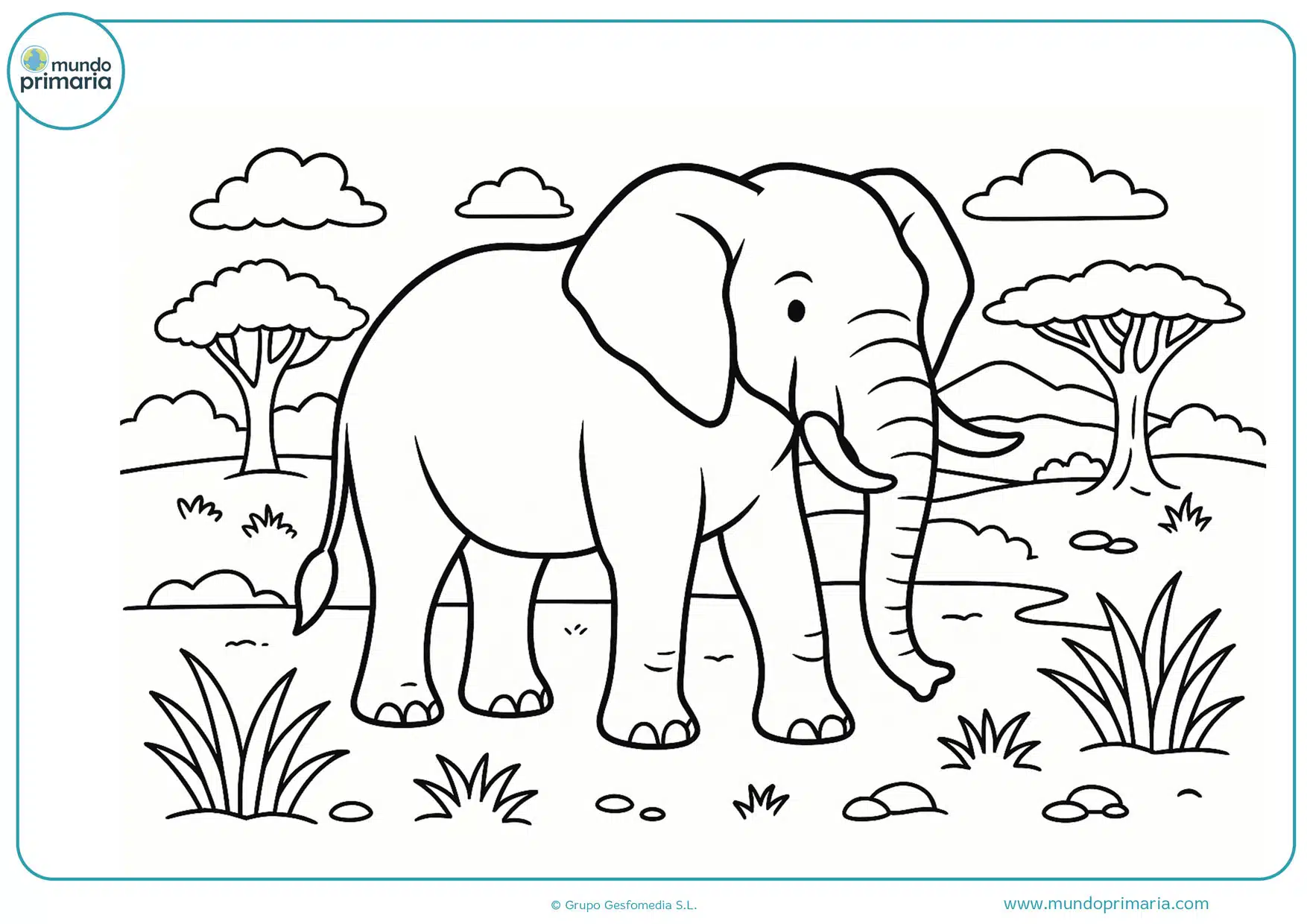 Elefante en la sabana africana para colorear, con árboles y nubes