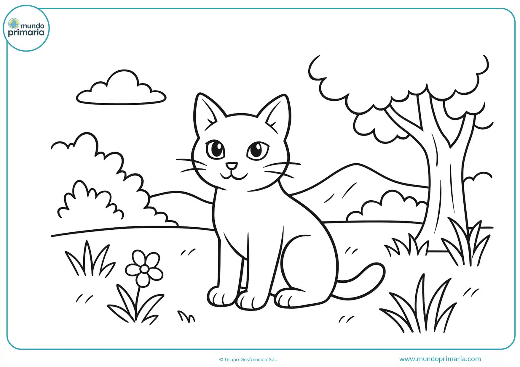 Gato en un paisaje de jardín para colorear, con flores y árboles