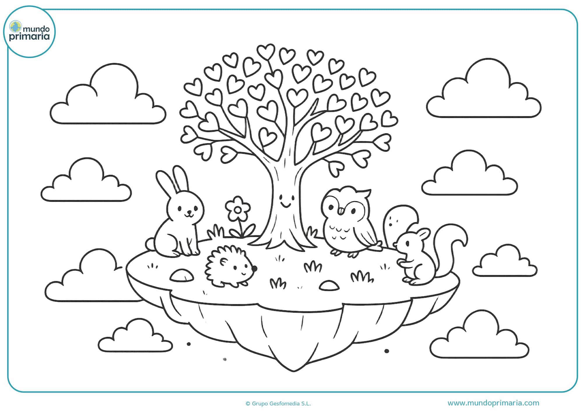 Dibujo aesthetic de una isla flotante con árbol mágico de hojas corazón y animales pequeños para colorear
