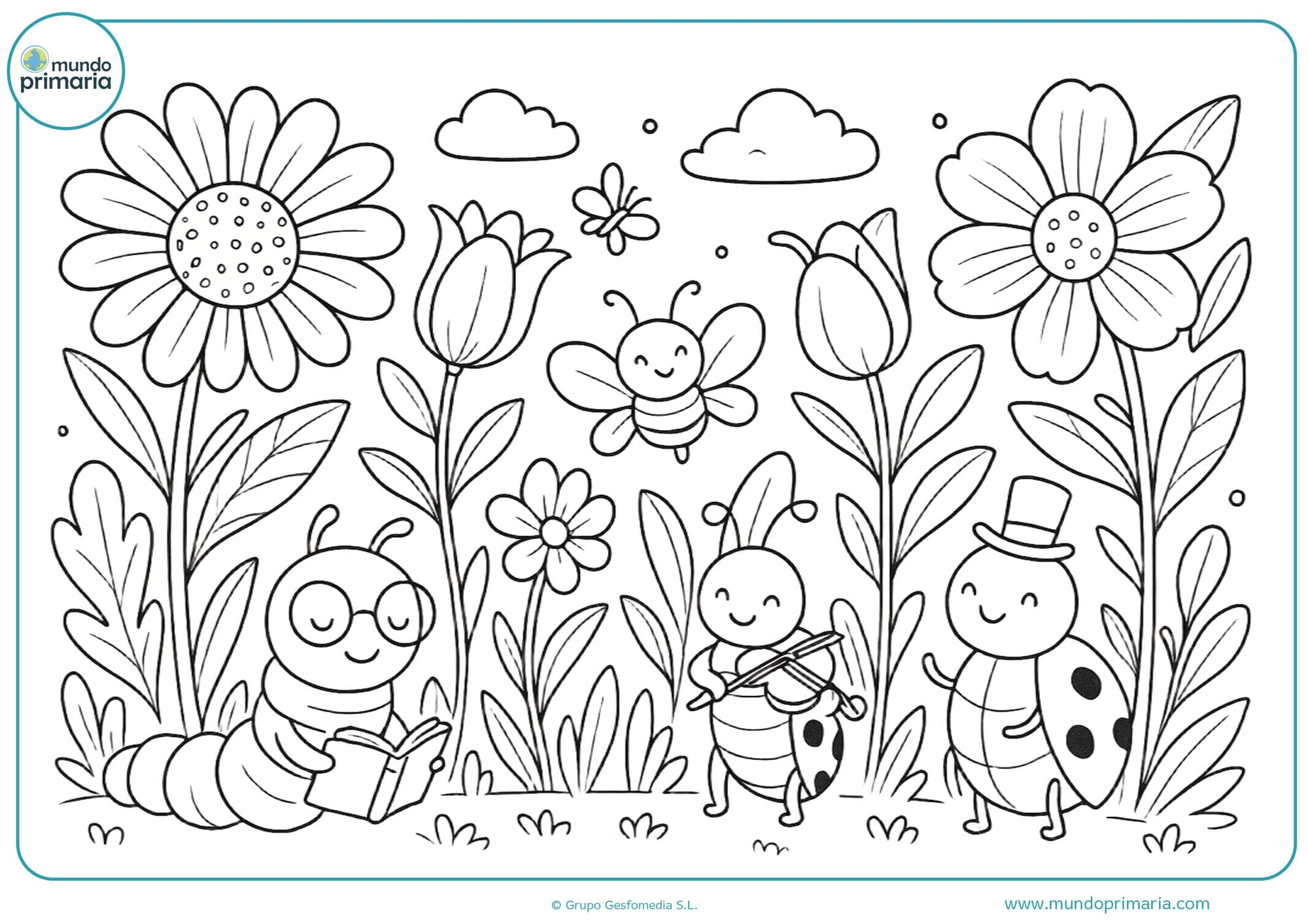 Dibujo aesthetic de jardín con flores grandes y simpáticos insectos con accesorios para colorear