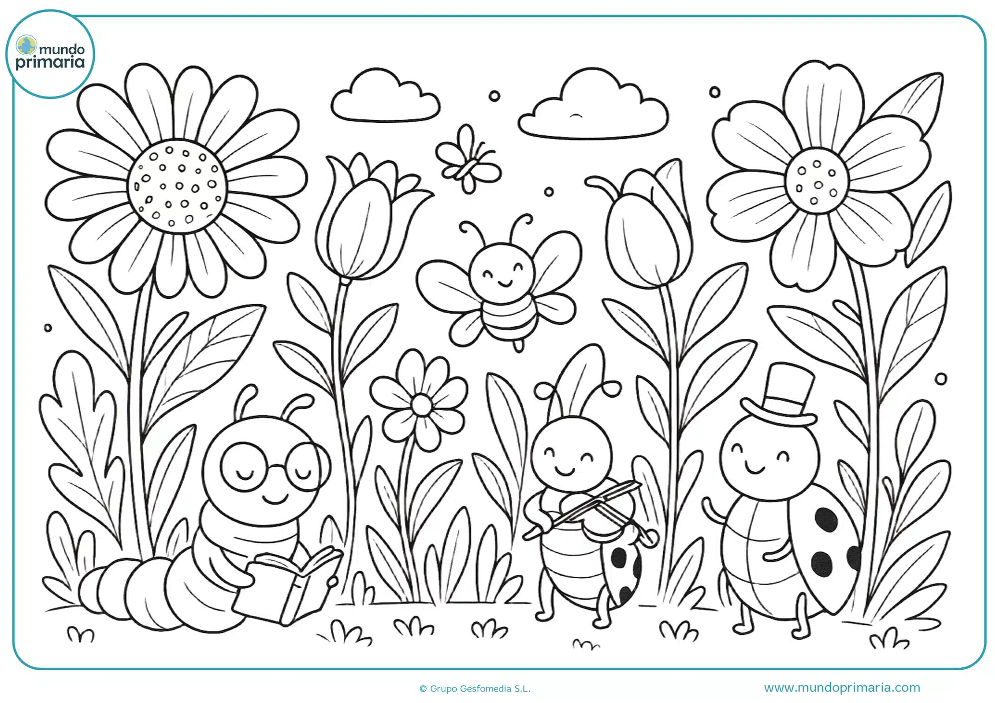 Dibujo aesthetic de jardín con flores grandes y simpáticos insectos con accesorios para colorear