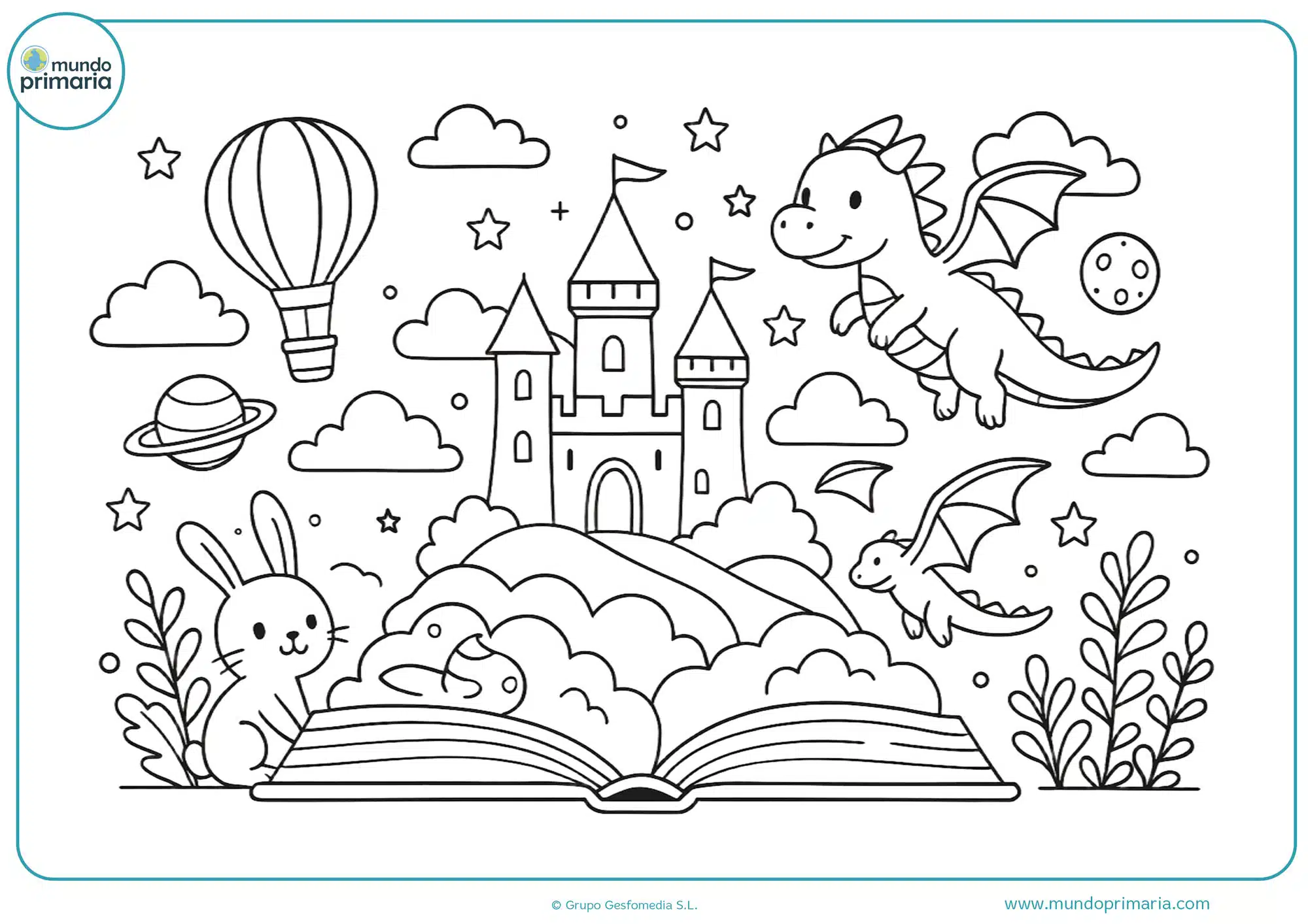 Dibujo aesthetic de un libro abierto del que emergen castillos, dragones, globos y planetas flotantes