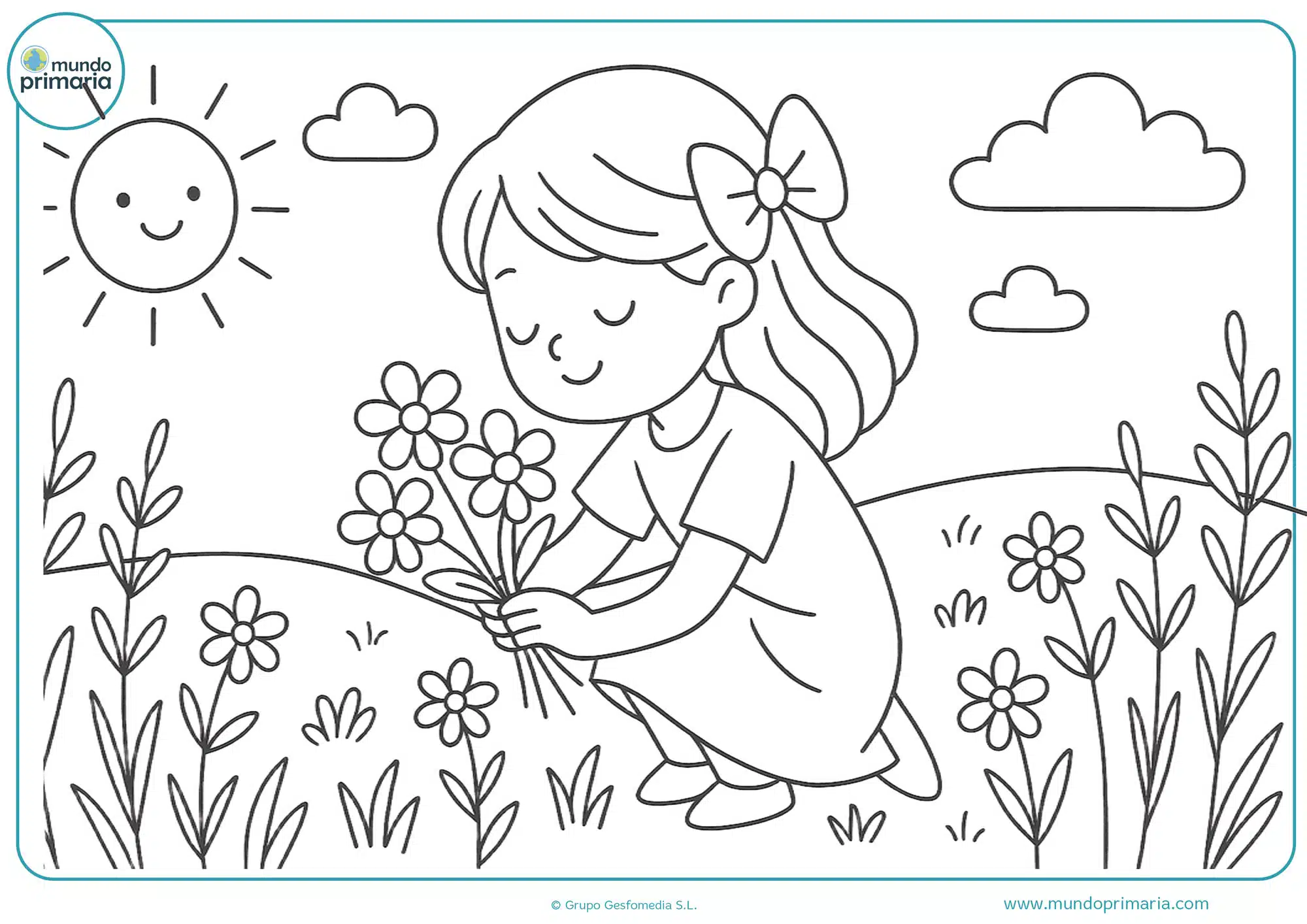Dibujo aesthetic para colorear de una niña oliendo flores bajo el sol en el campo