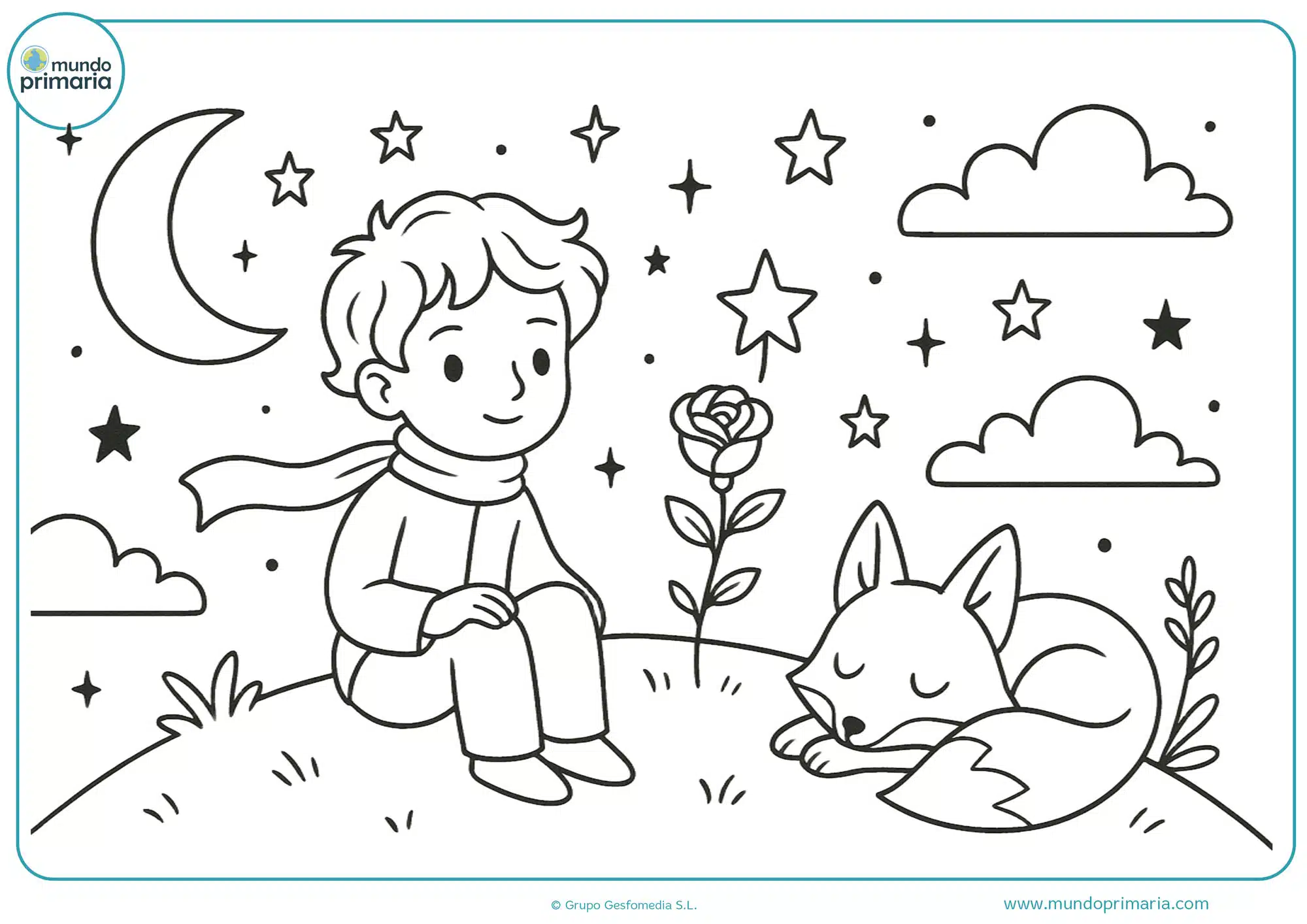 Dibujo aesthetic para colorear de un niño en el campo con un zorro dormido, luna y estrellas