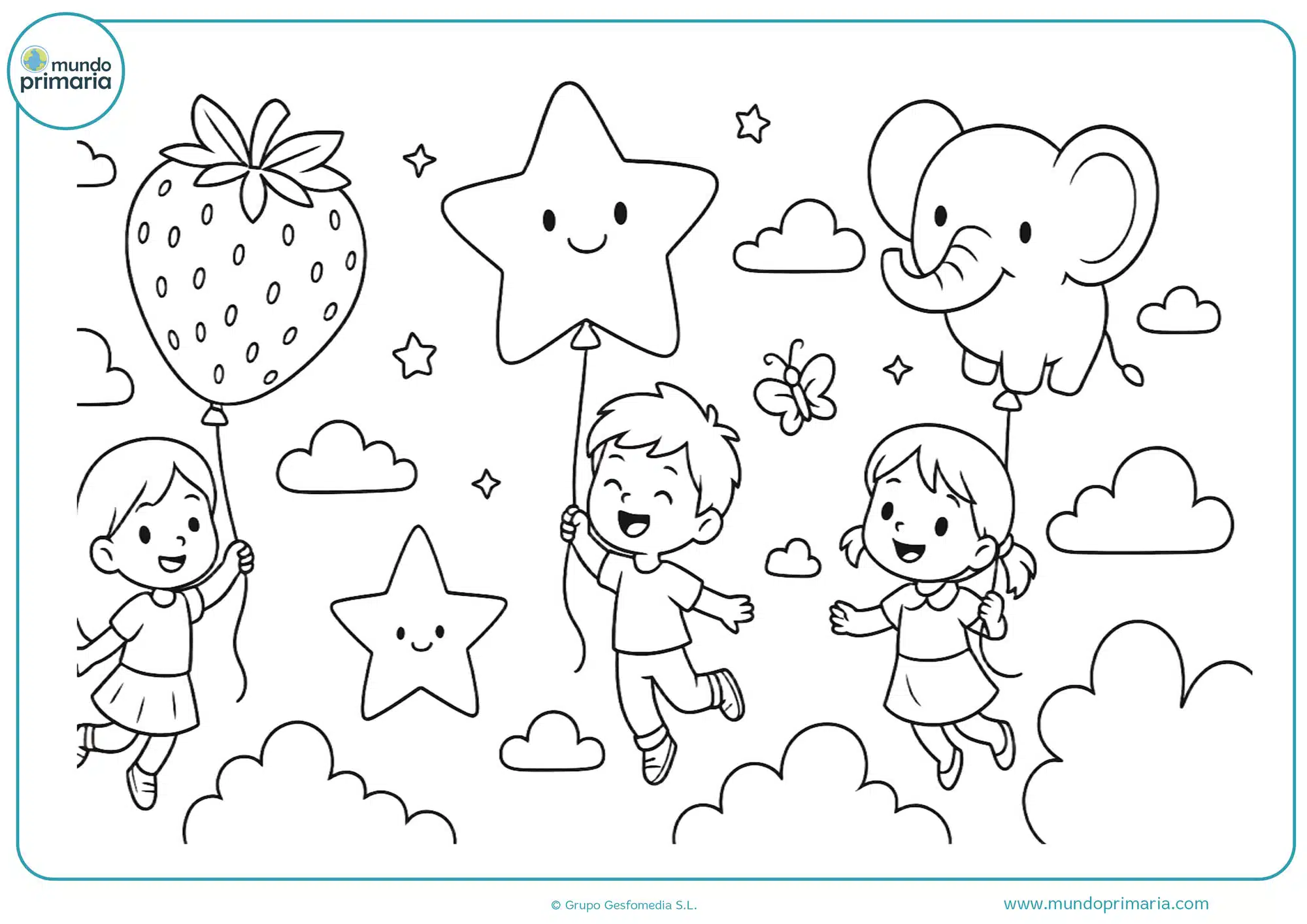 Dibujo aesthetic para colorear de niños volando con globos en forma de frutas, estrellas y animales