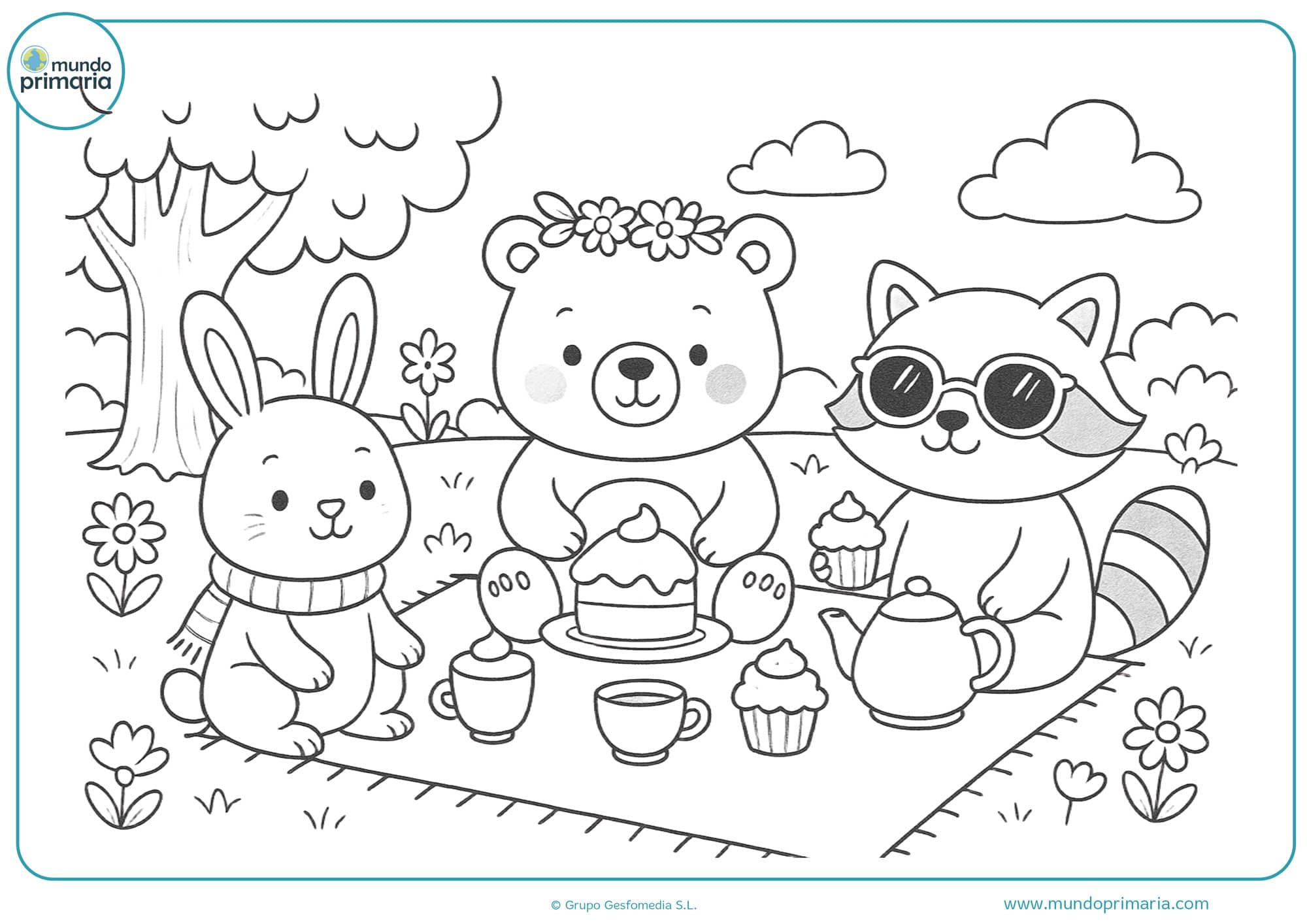 Dibujo aesthetic para colorear de animales compartiendo un picnic con mantas, tazas y pastelitos