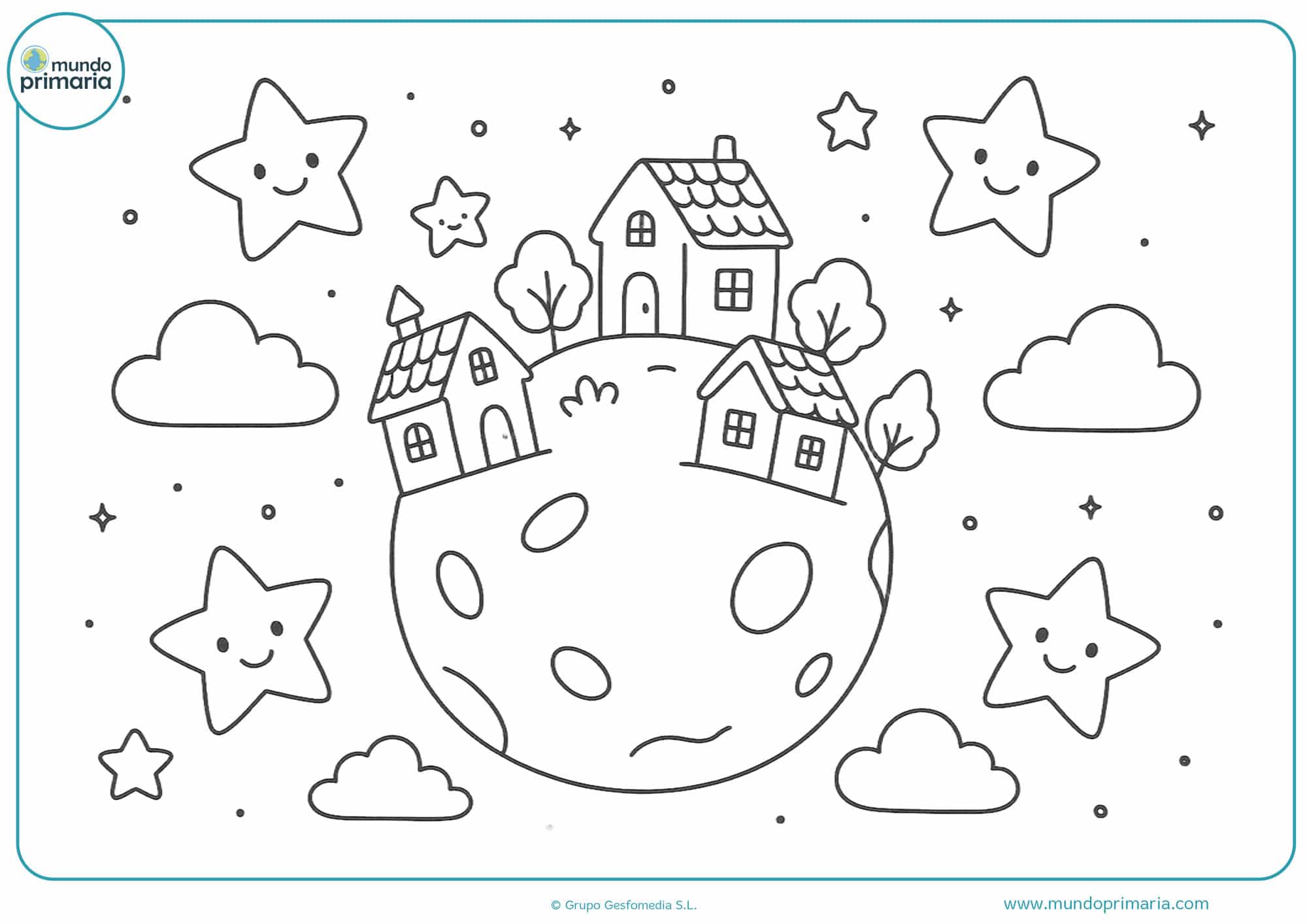 Dibujo aesthetic de un pequeño planeta flotante con casitas, nubes y estrellas sonrientes para colorear
