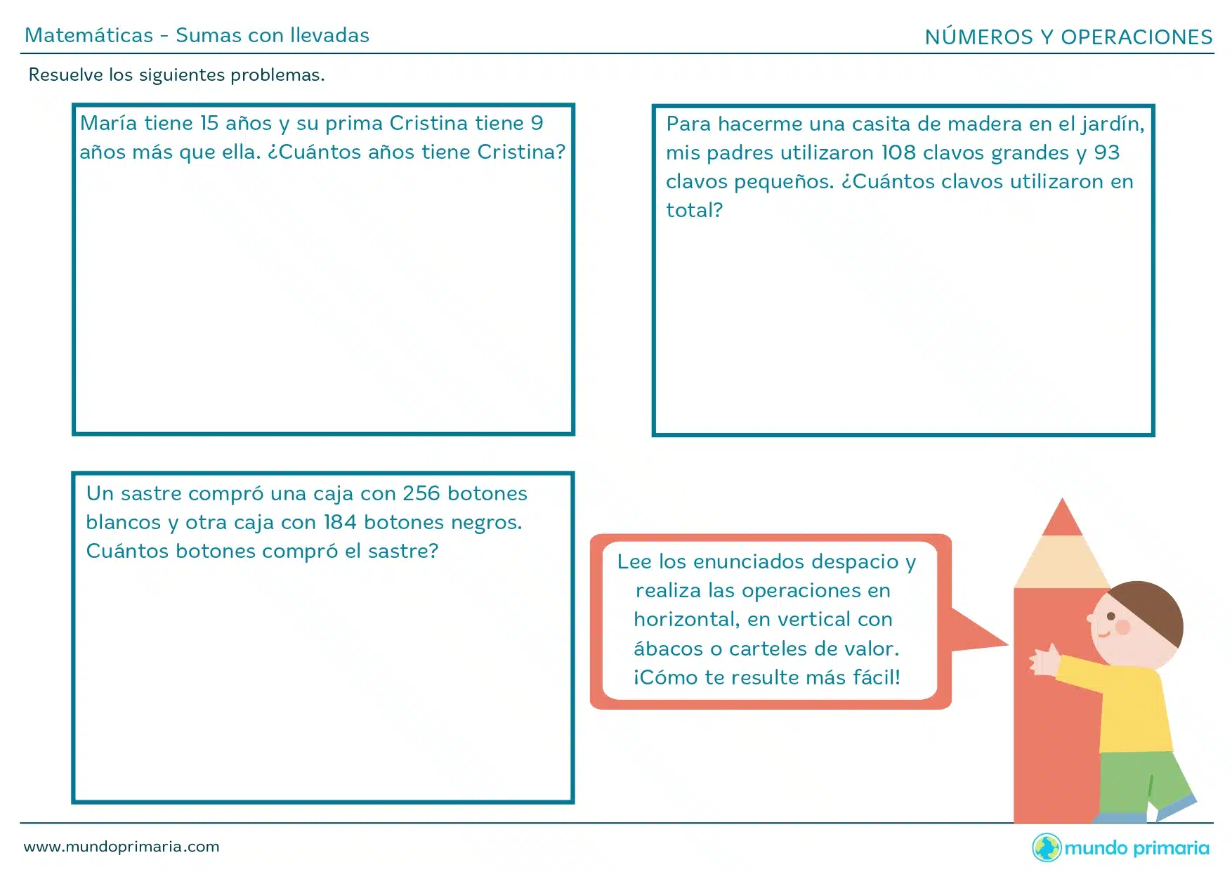 Problemas matemáticos de sumas con llevadas para niños de primaria