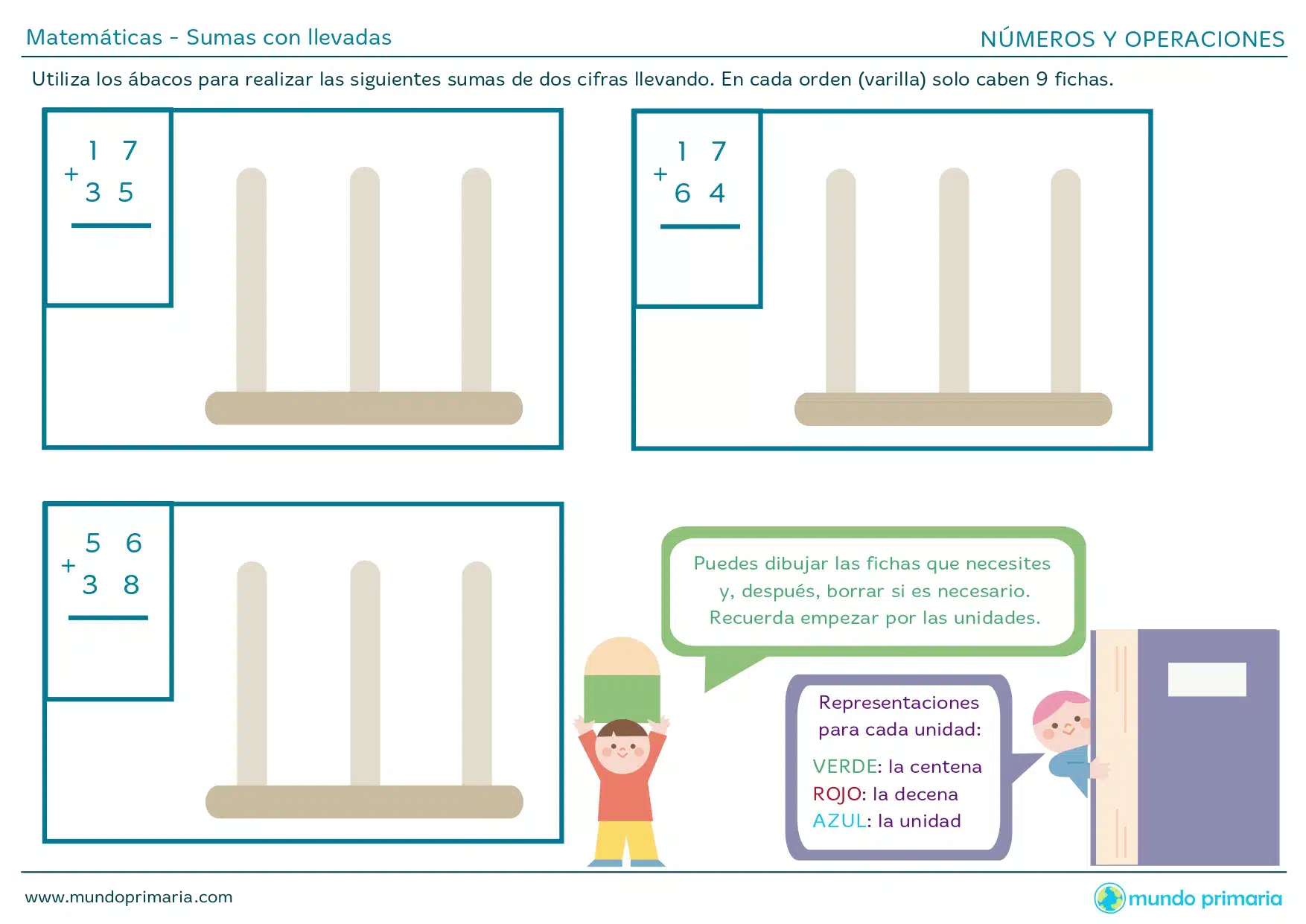 Ficha para realizar sumas con llevadas usando ábacos y fichas de colores