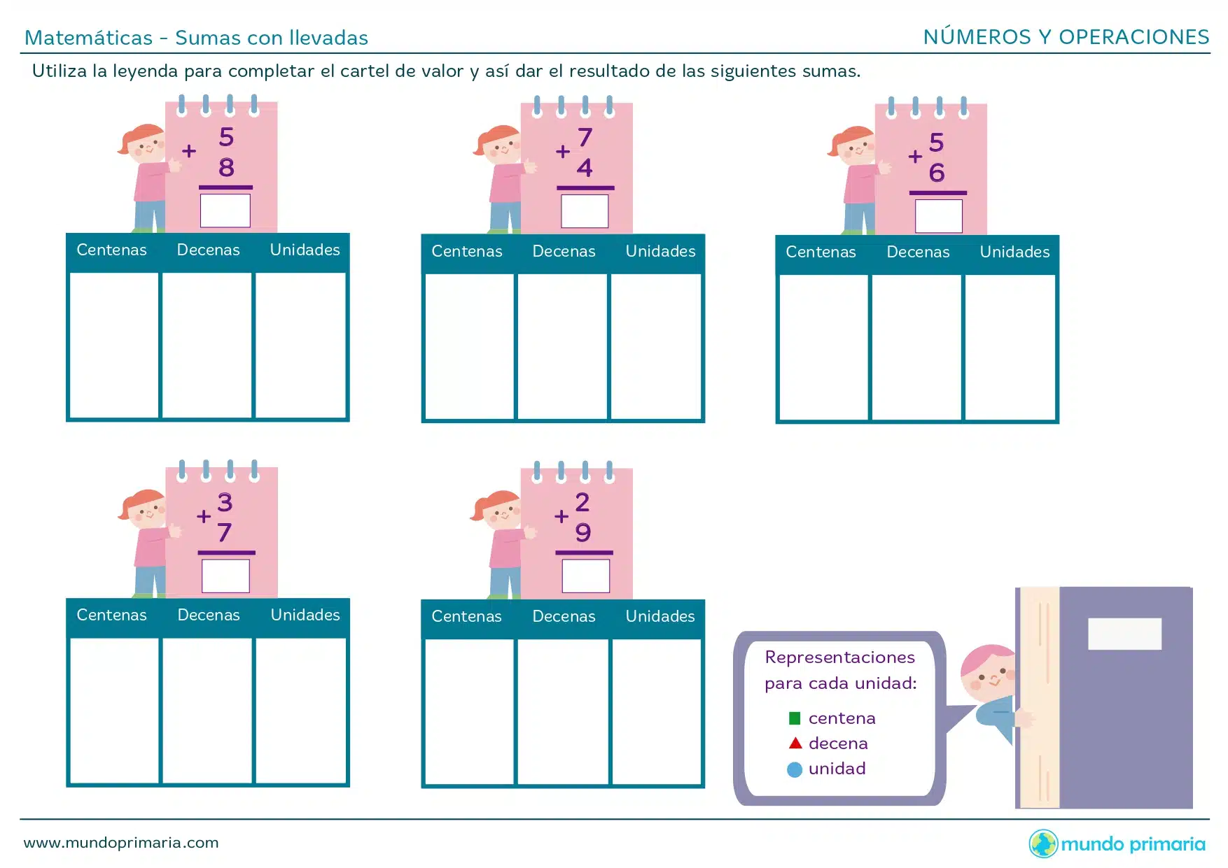 Ficha de sumas con llevadas para niños de primaria usando valor posicional