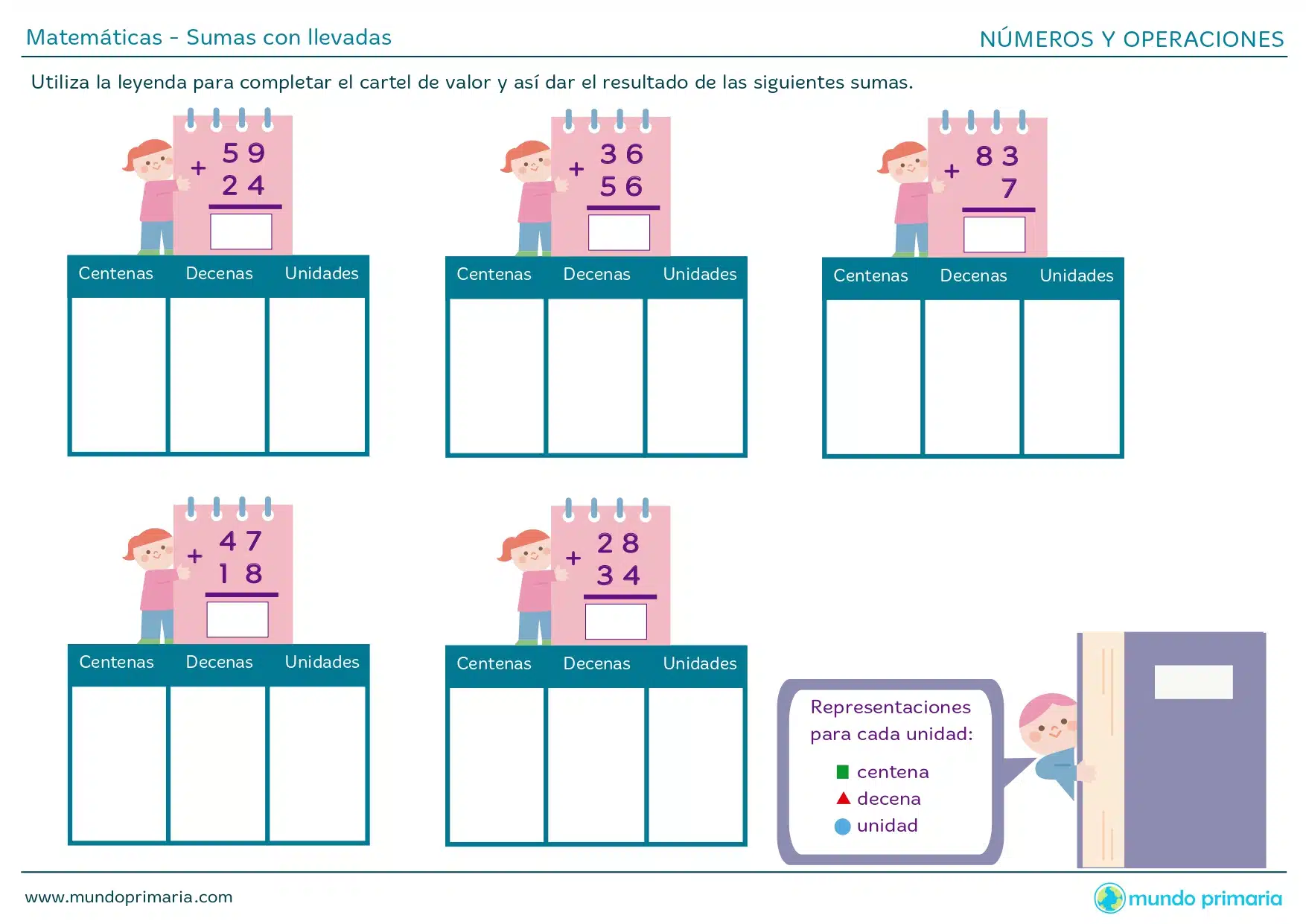 Ficha de sumas con llevadas de dos cifras con carteles de valor posicional