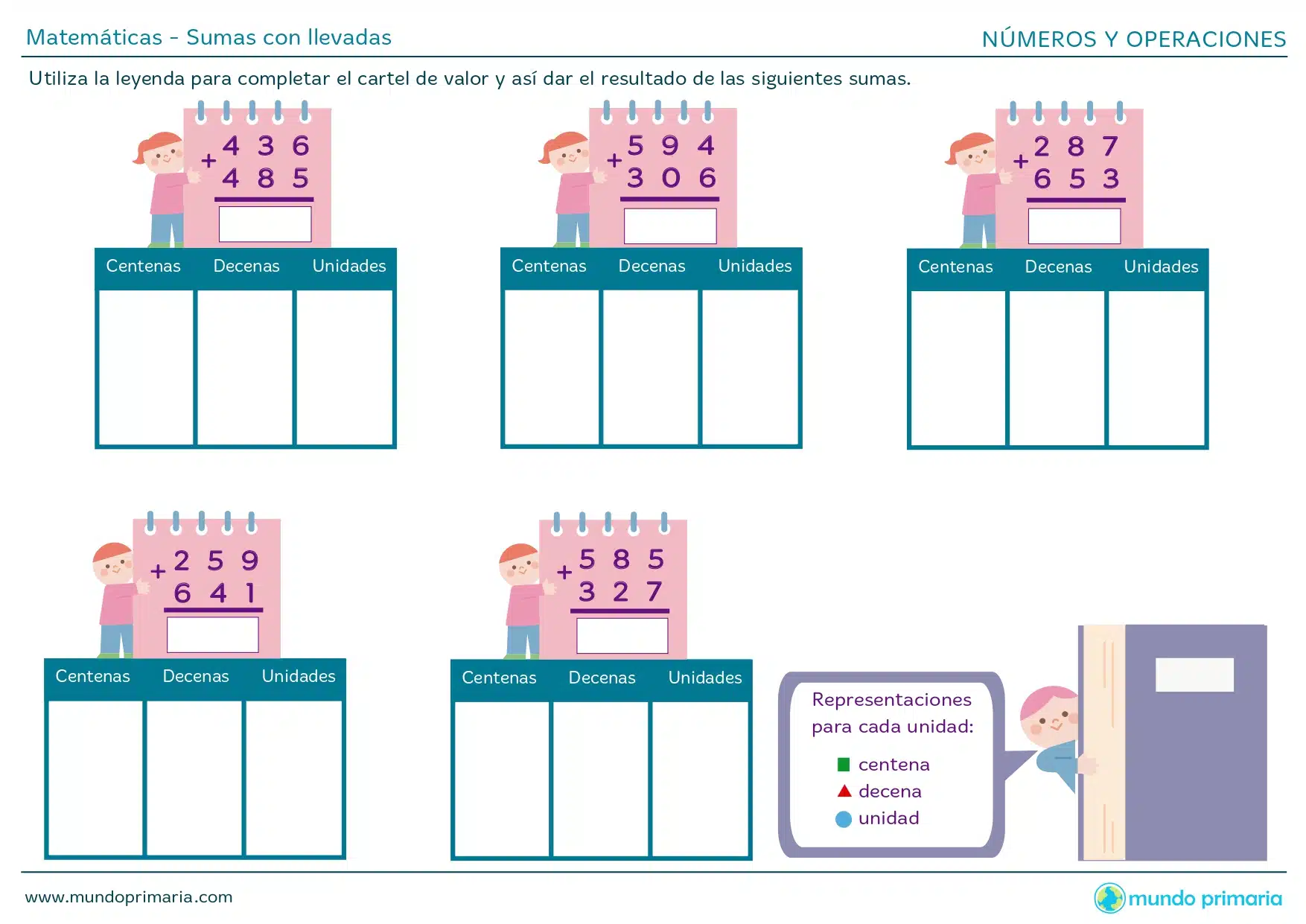 Ficha con sumas sencillas con llevadas de una cifra para niños de primaria