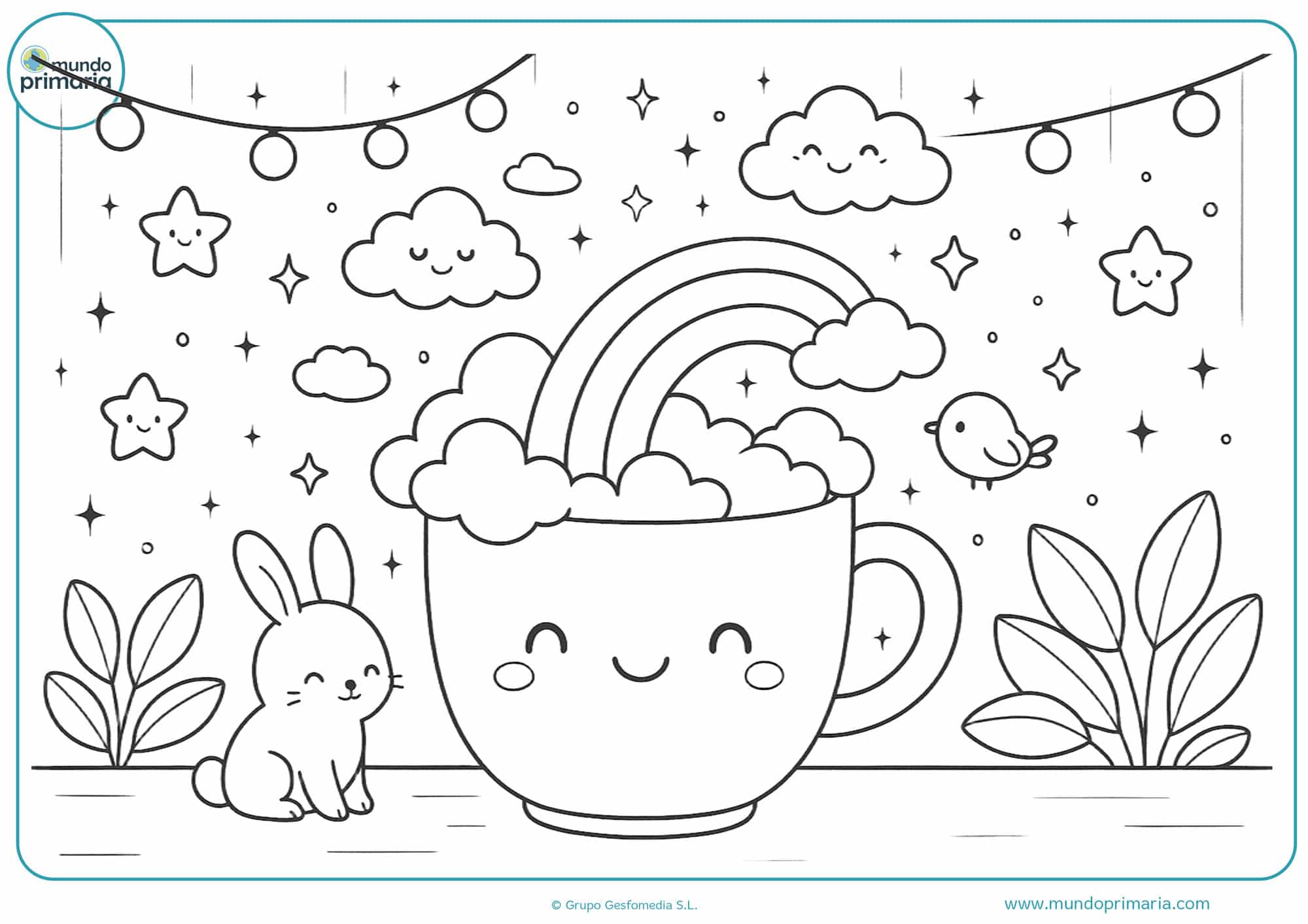 Dibujo aesthetic para colorear de una taza sonriente con chocolate, nubes y arcoíris
